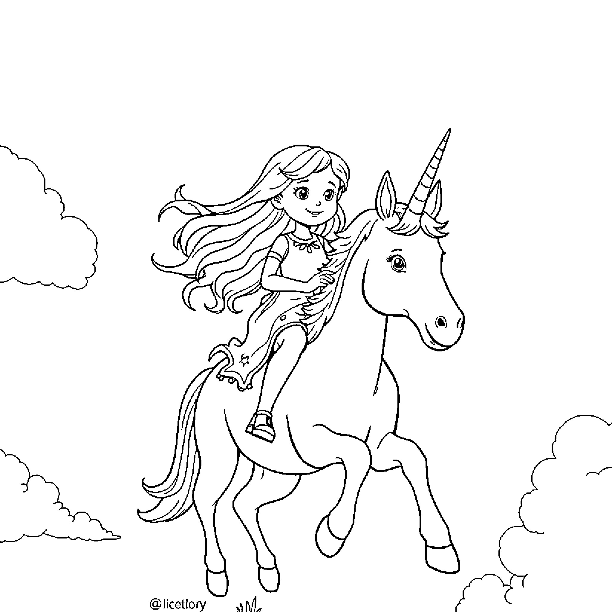 Girl riding a unicorn in the clouds Coloring Page (free black-and-white line drawing printable PDF for all, from beginners to advanced learners, including children, teens, adults, and seniors)