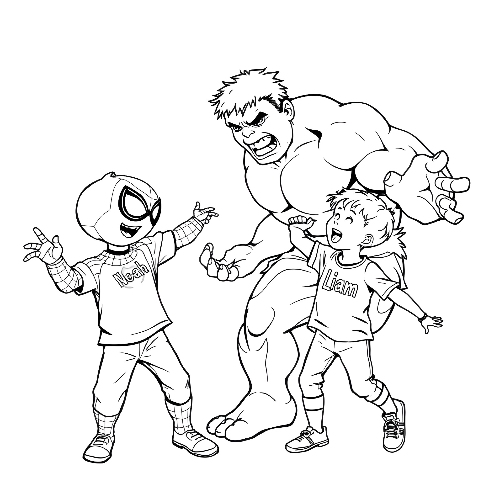 Boy playing with large superhero figure and friend Coloring Page (free black-and-white line drawing printable PDF for all, from beginners to advanced learners, including children, teens, adults, and seniors)
