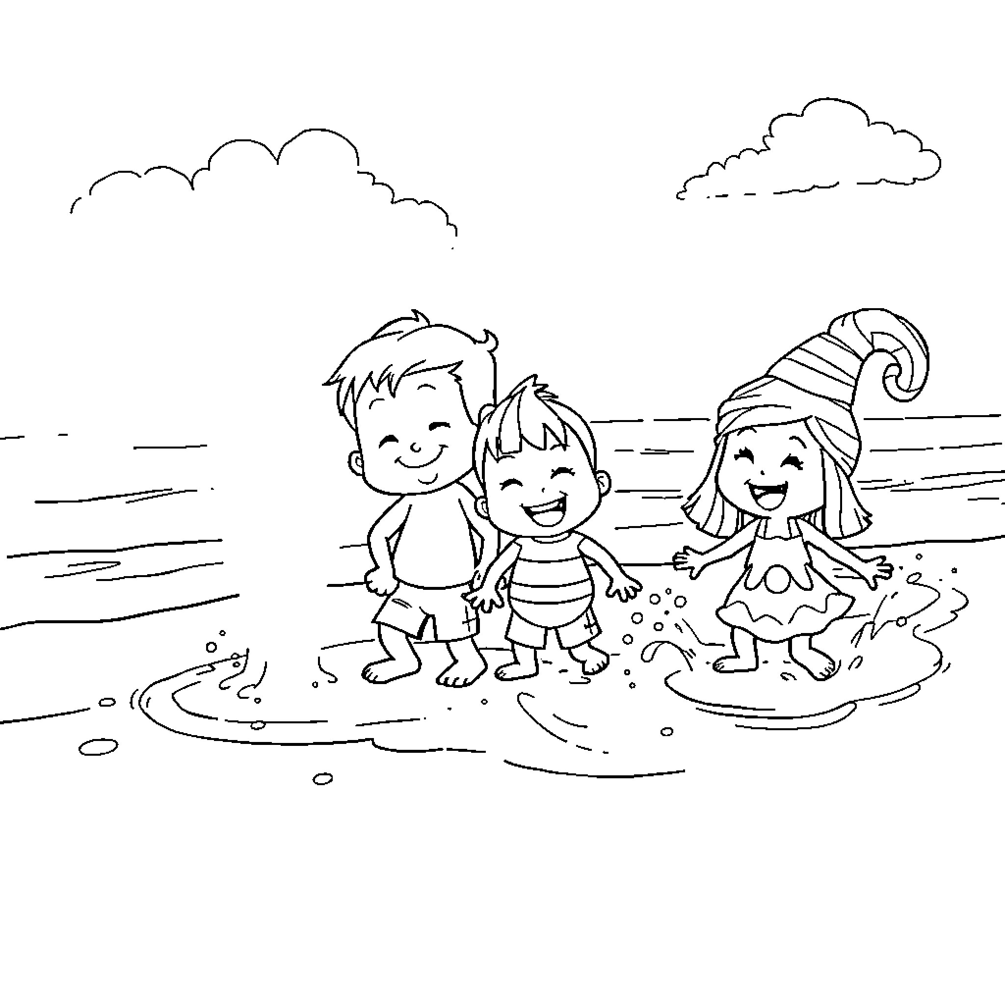 Sprunki children playing happily at the beach Coloring Page (free black-and-white line drawing printable PDF for all, from beginners to advanced learners, including children, teens, adults, and seniors)