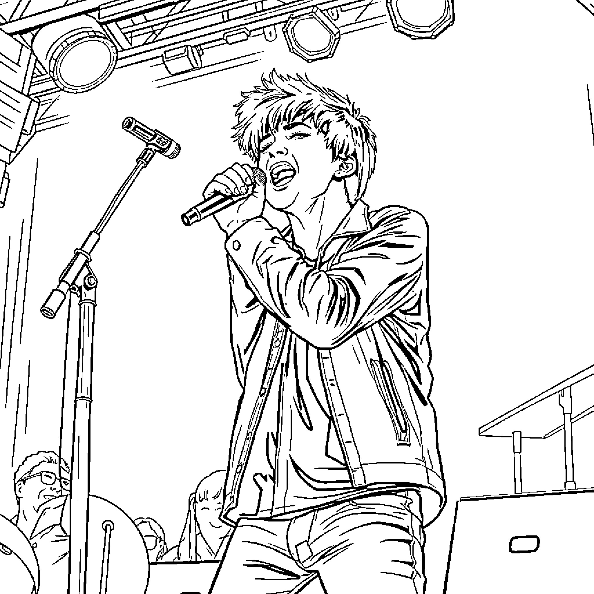 Han singing on stage with passion Coloring Page (free black-and-white line drawing printable PDF for all, from beginners to advanced learners, including children, teens, adults, and seniors)