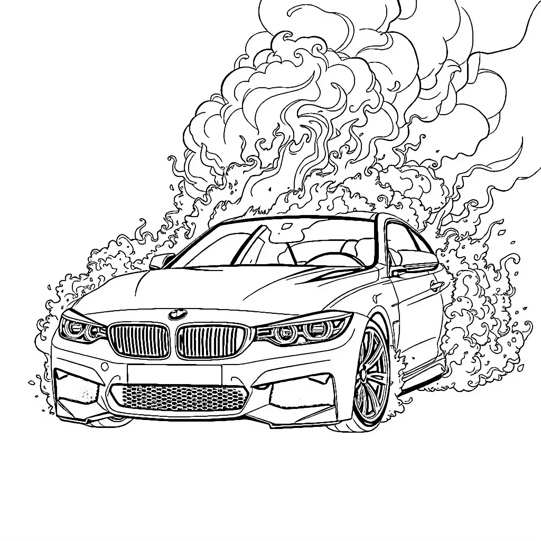 BMW sports car racing through smoke Coloring Page (free black-and-white line drawing printable PDF for all, from beginners to advanced learners, including children, teens, adults, and seniors)
