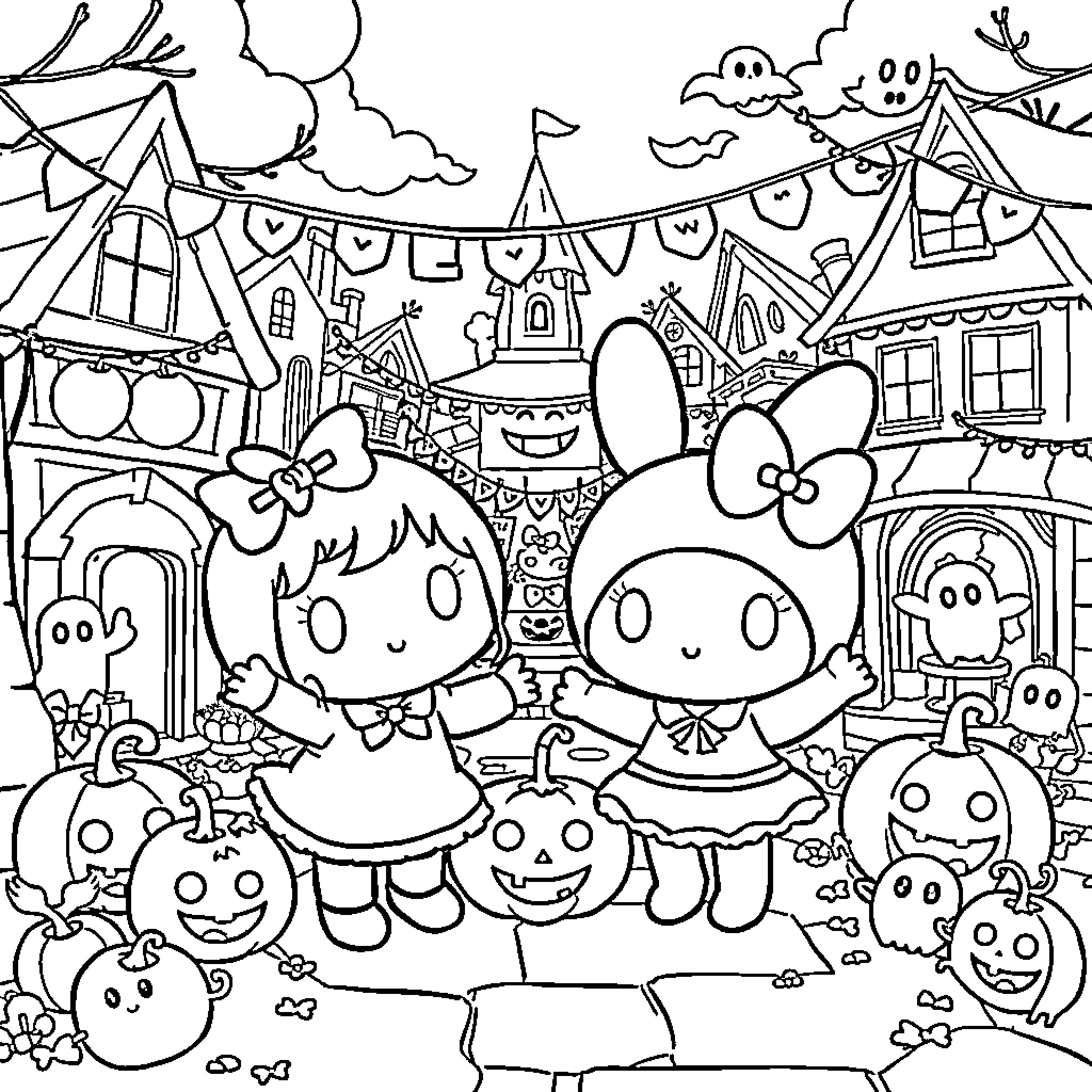 Kuromi and friends explore a whimsical Halloween town Coloring Page (free black-and-white line drawing printable PDF for all, from beginners to advanced learners, including children, teens, adults, and seniors)