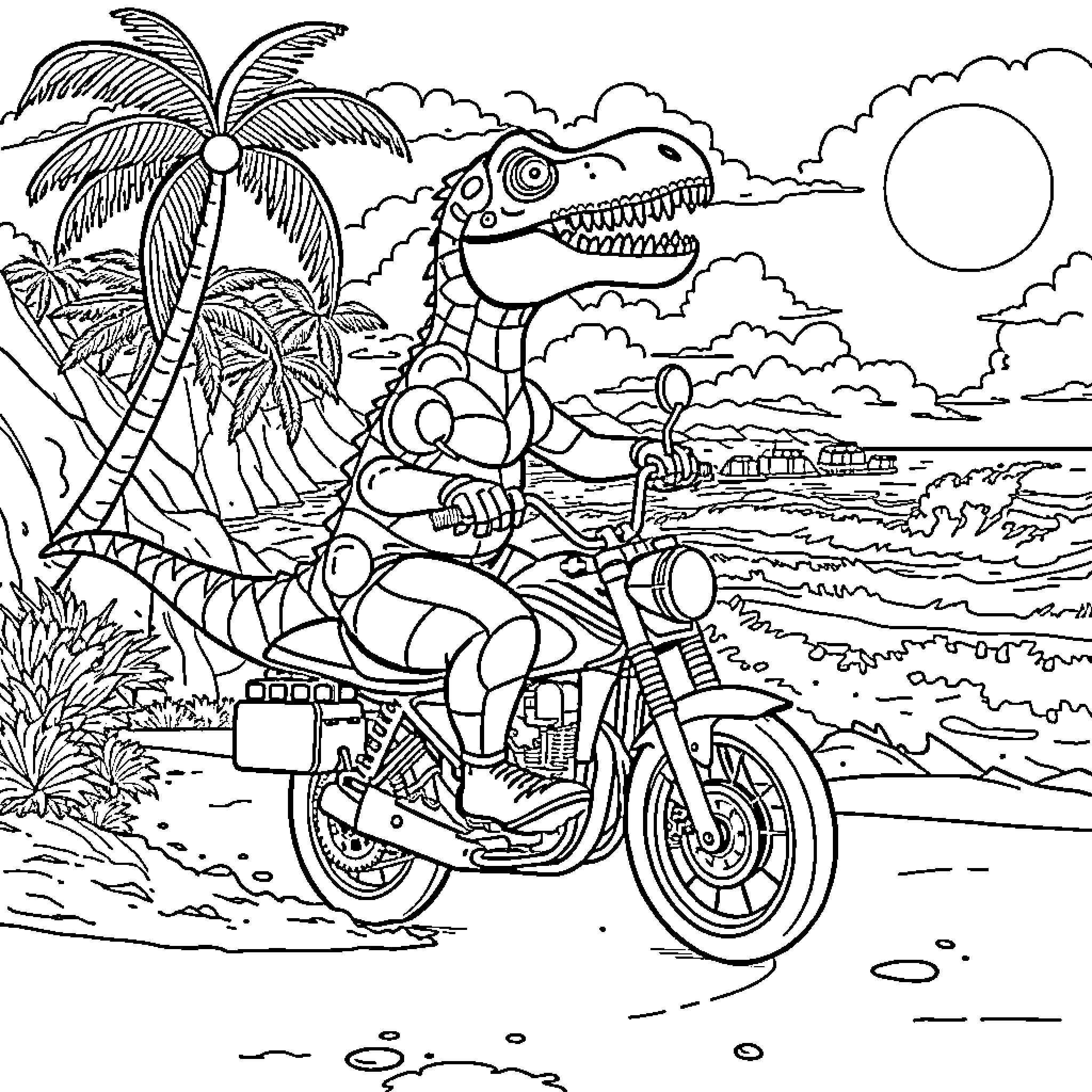 Dinosaur riding a motorcycle on a tropical beach Coloring Page (free black-and-white line drawing printable PDF for all, from beginners to advanced learners, including children, teens, adults, and seniors)
