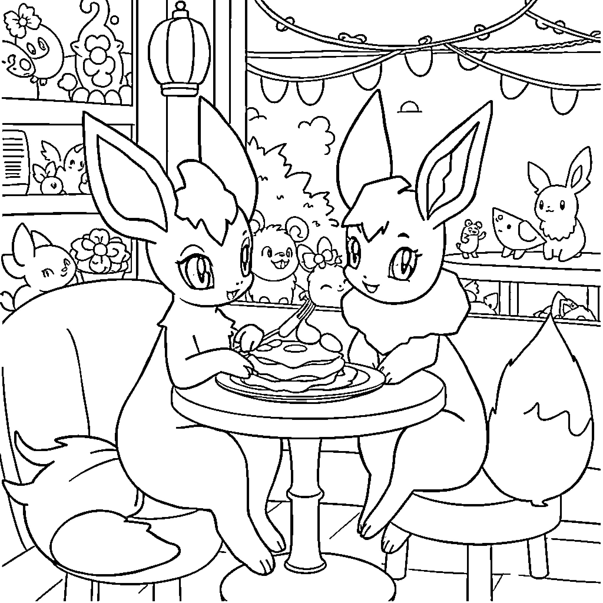 Sylveon's Festive Celebration with Friends Coloring Page (free black-and-white line drawing printable PDF for all, from beginners to advanced learners, including children, teens, adults, and seniors)