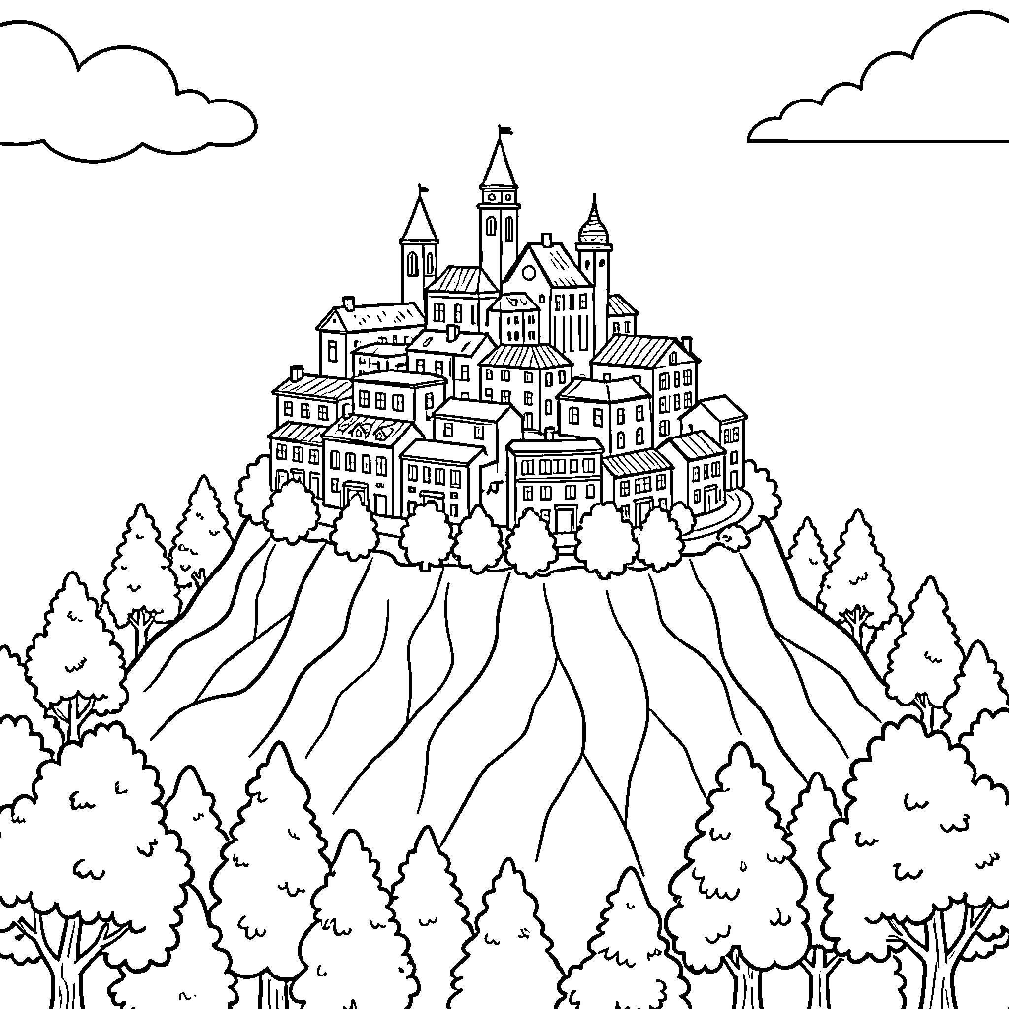 City of towering castles and lush forests Coloring Page (free black-and-white line drawing printable PDF for all, from beginners to advanced learners, including children, teens, adults, and seniors)