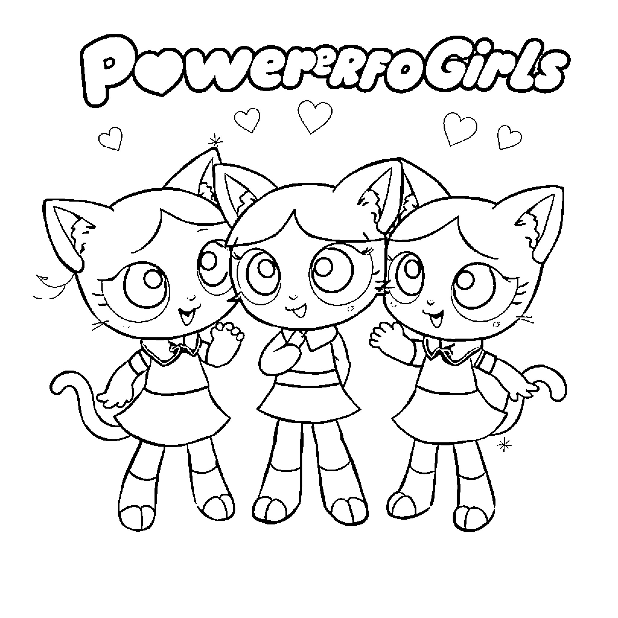 Powerpuff Girls in cute and playful poses Coloring Page (free black-and-white line drawing printable PDF for all, from beginners to advanced learners, including children, teens, adults, and seniors)