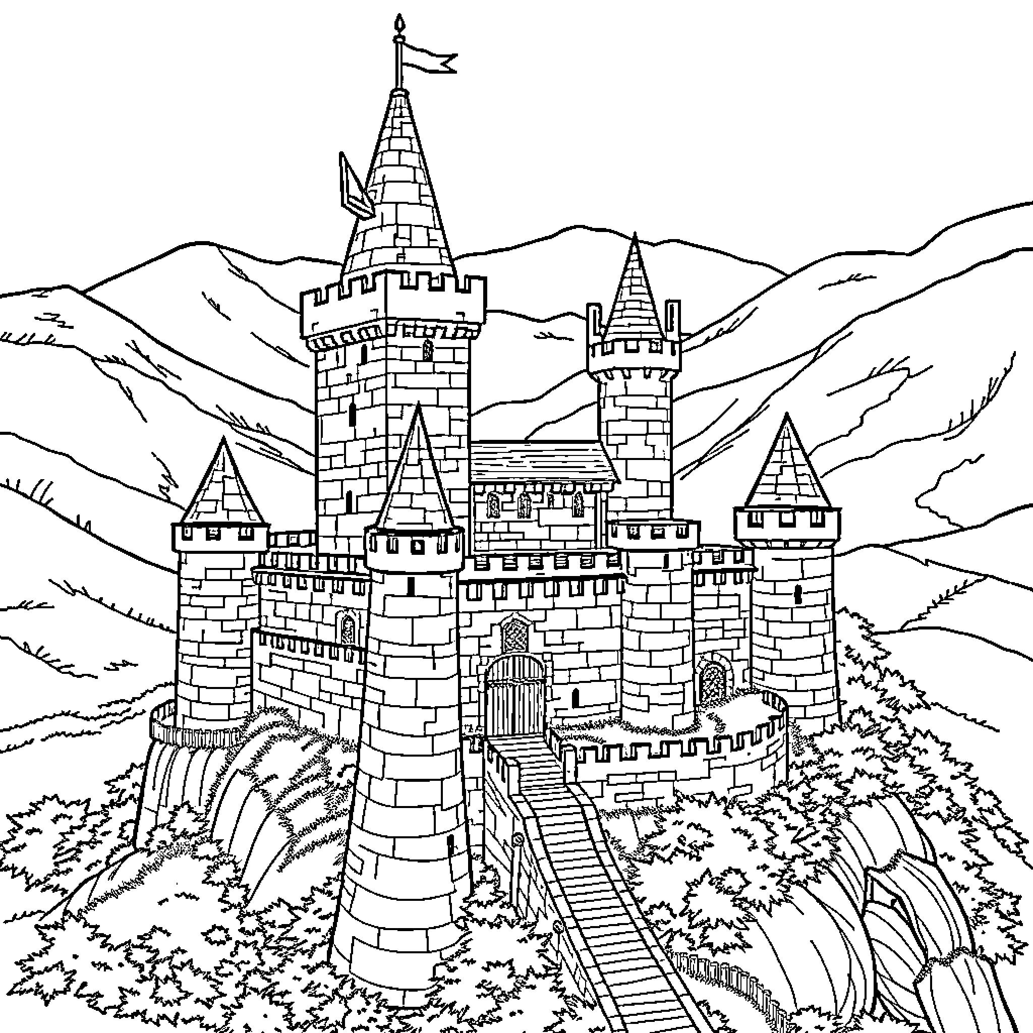 Castle with Majestic Towers and Battlements Coloring Page (free black-and-white line drawing printable PDF for all, from beginners to advanced learners, including children, teens, adults, and seniors)