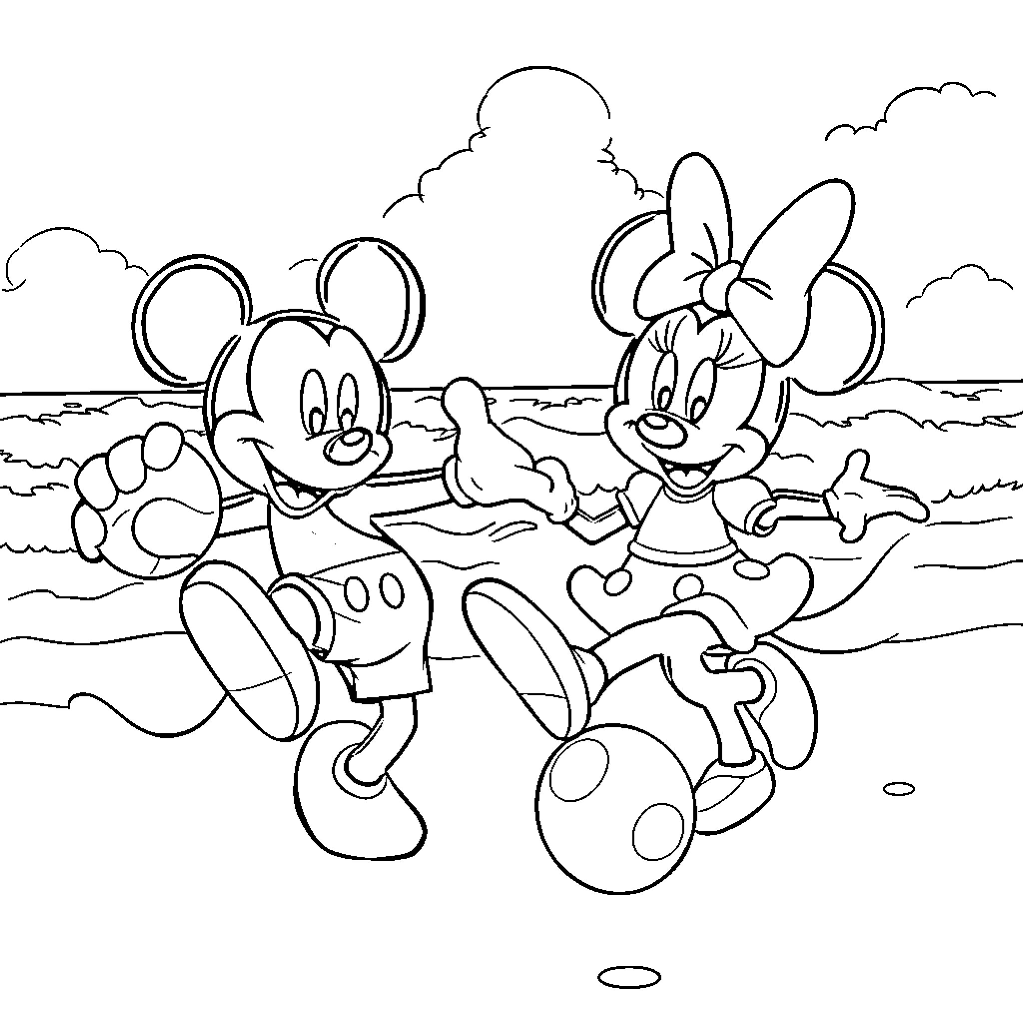 Mickey Mouse and Minnie Mouse playing on the beach Coloring Page (free black-and-white line drawing printable PDF for all, from beginners to advanced learners, including children, teens, adults, and seniors)