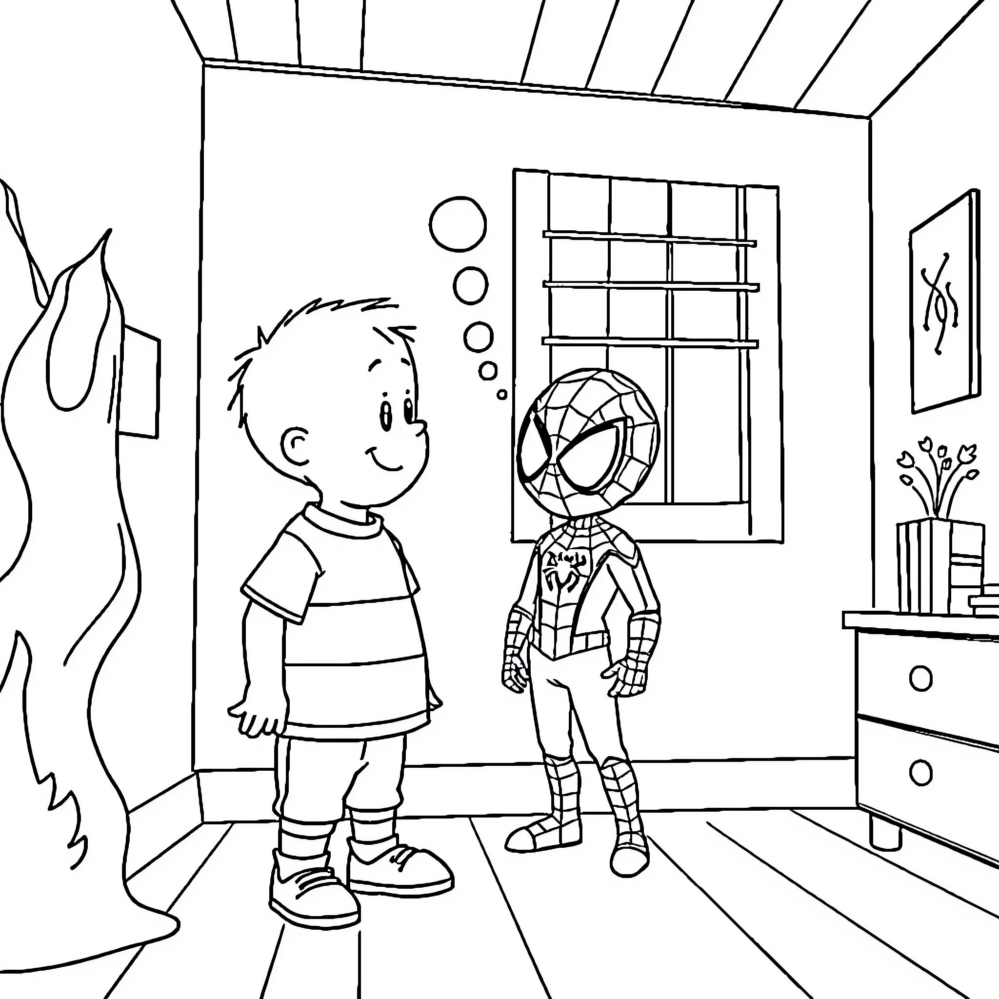 Caillou and Spiderman Enjoying Each Other's Company Coloring Page (free black-and-white line drawing printable PDF for all, from beginners to advanced learners, including children, teens, adults, and seniors)
