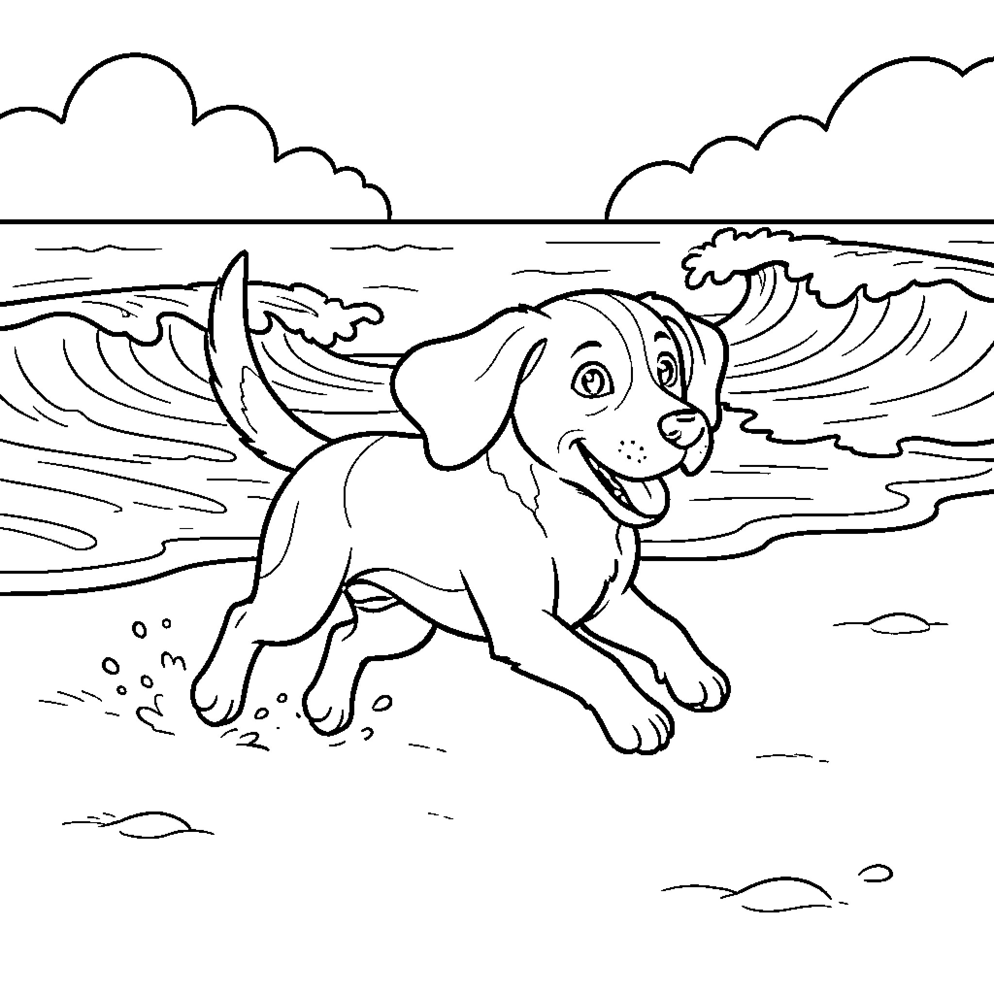 Beagle running happily along the beach waves Coloring Page (free black-and-white line drawing printable PDF for all, from beginners to advanced learners, including children, teens, adults, and seniors)
