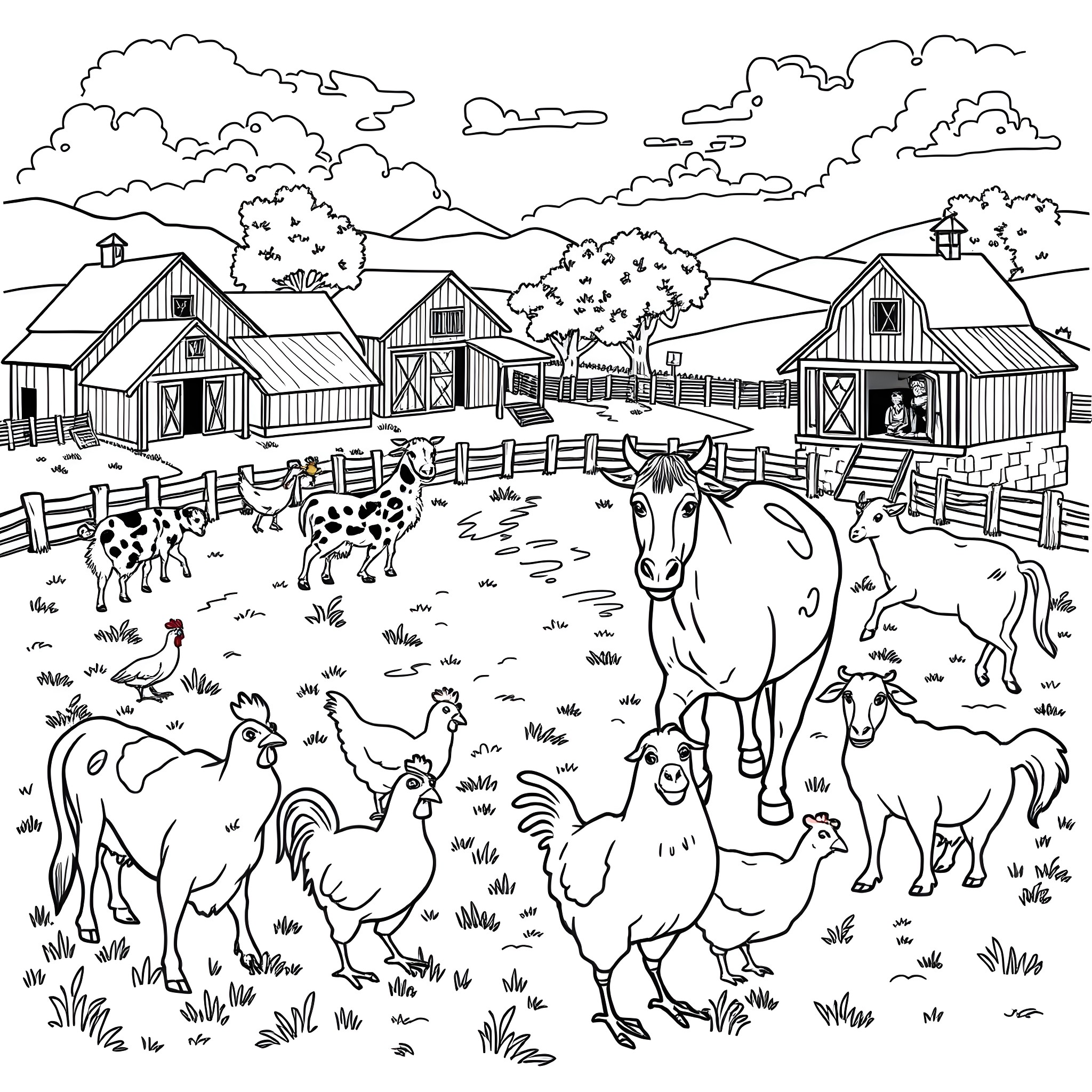 Farm Animal Farmyard Scene with Barn, Fencing, and Livestock Coloring Page (free black-and-white line drawing printable PDF for all, from beginners to advanced learners, including children, teens, adults, and seniors)
