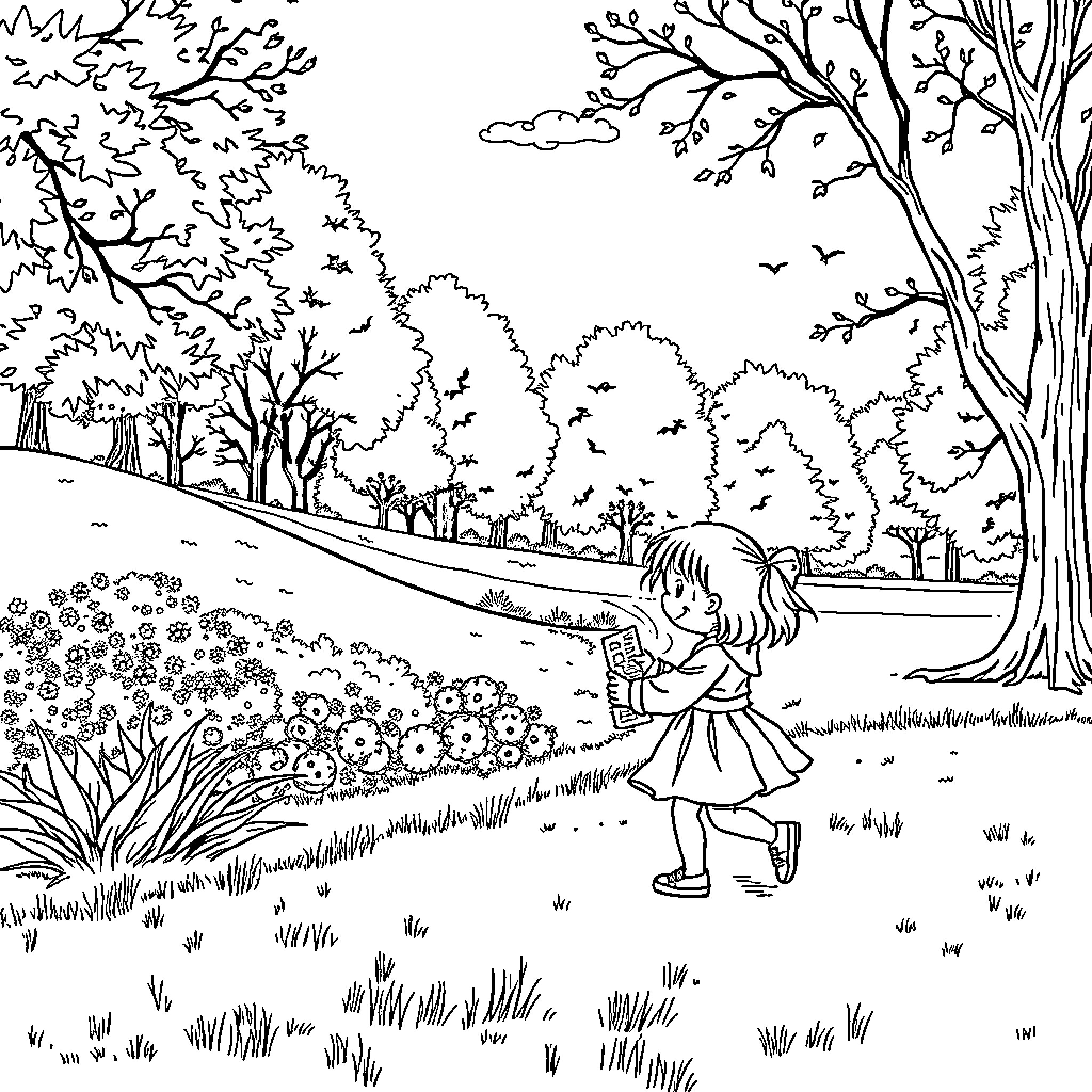 Fille exploring the enchanting garden Coloring Page (free black-and-white line drawing printable PDF for all, from beginners to advanced learners, including children, teens, adults, and seniors)
