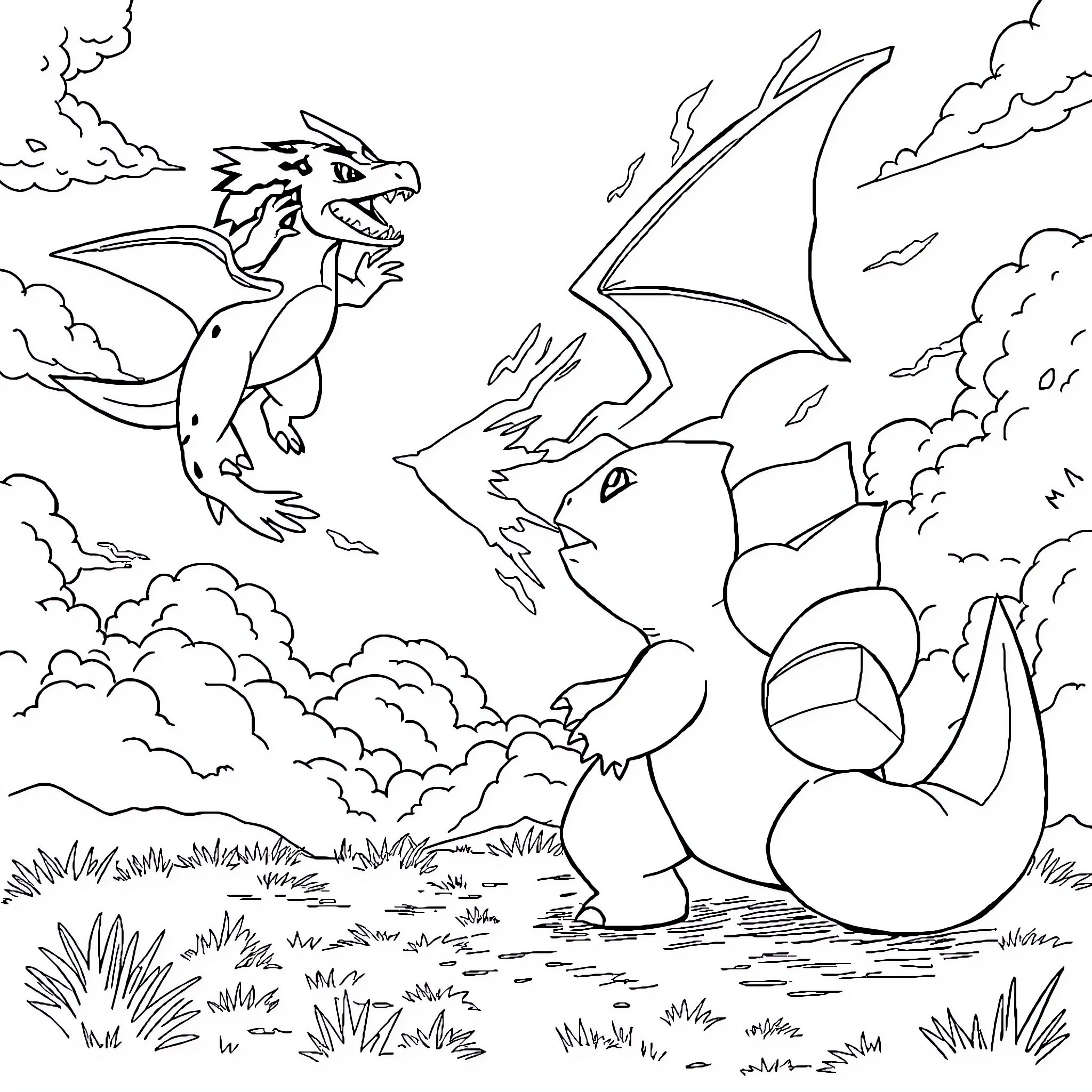 Charizard soaring through the clouds with Charmander Coloring Page (free black-and-white line drawing printable PDF for all, from beginners to advanced learners, including children, teens, adults, and seniors)