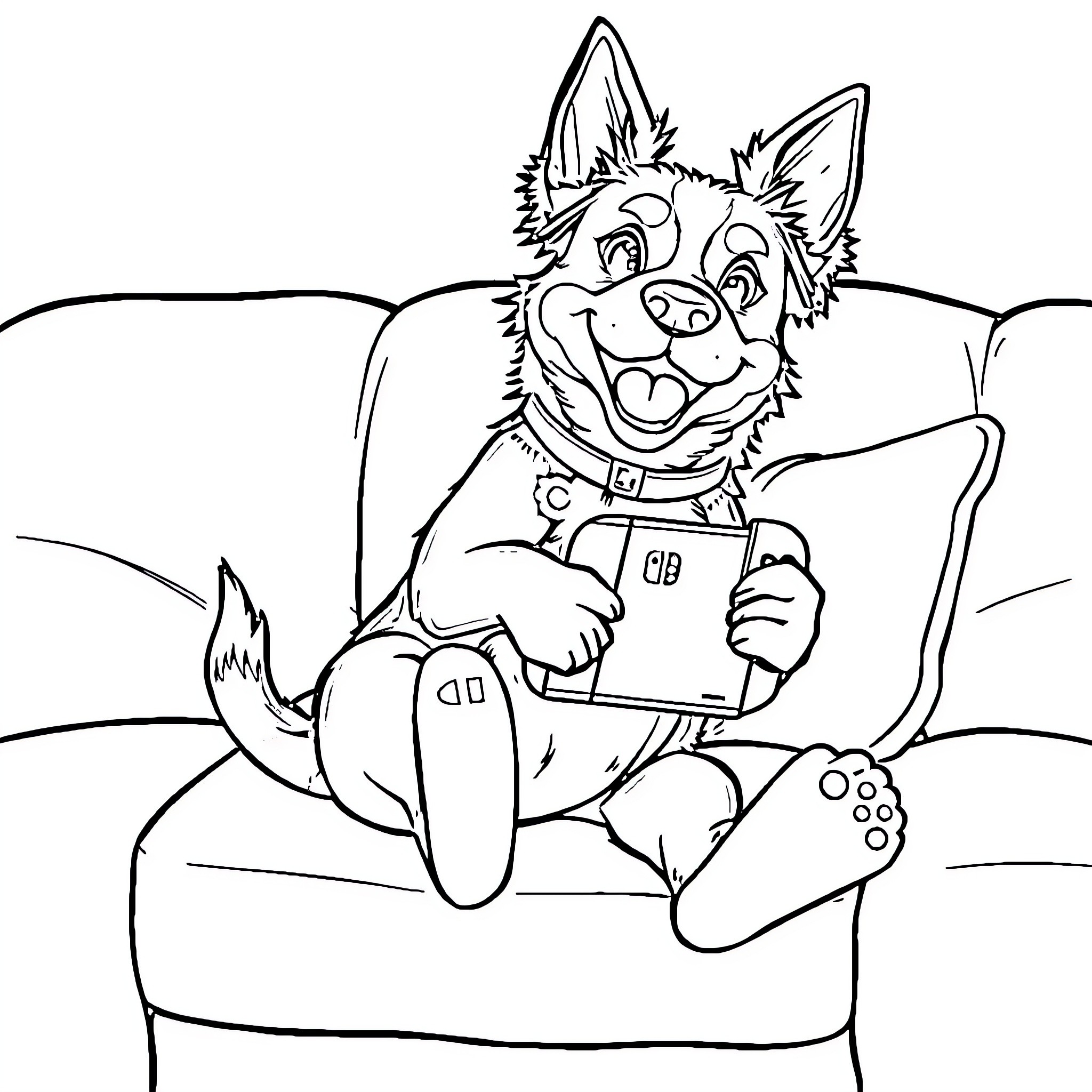 Perro relajándose en el sofá Coloring Page (free black-and-white line drawing printable PDF for all, from beginners to advanced learners, including children, teens, adults, and seniors)