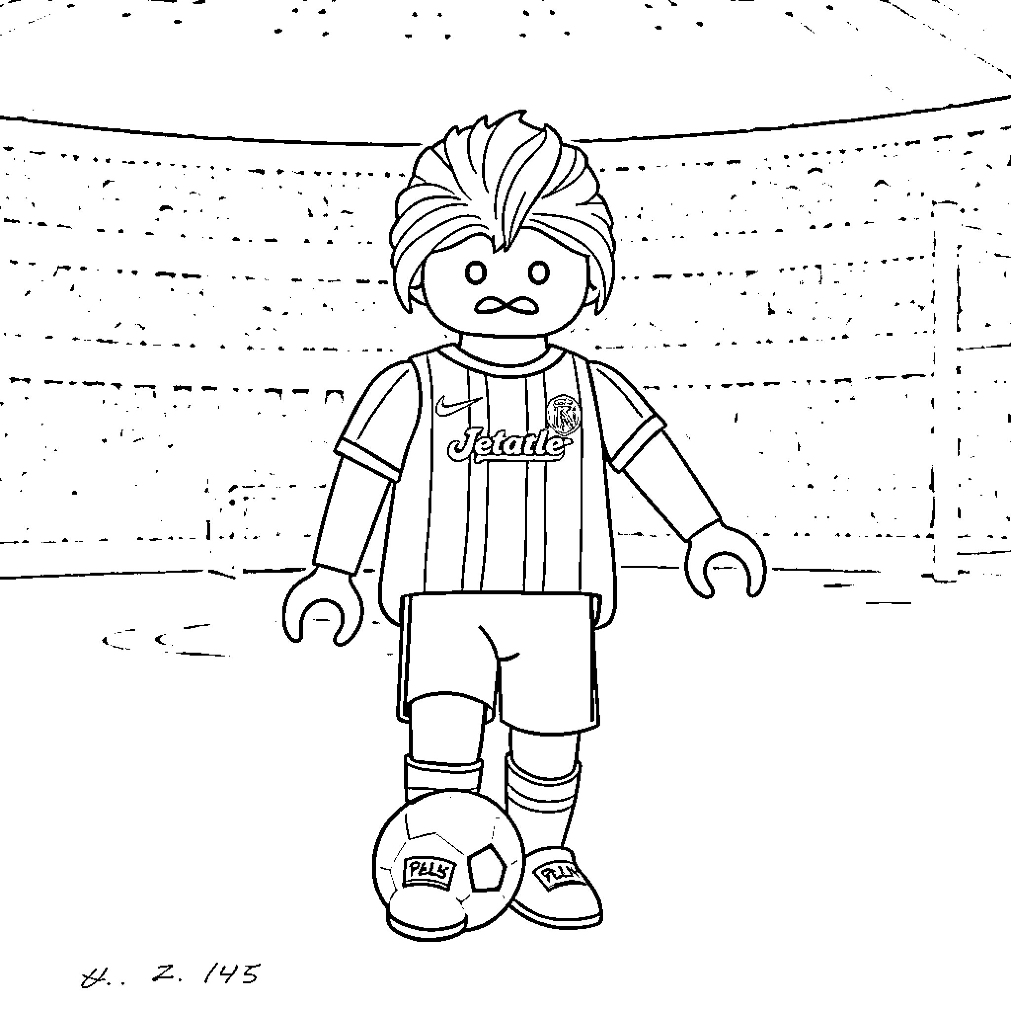 Playmobil soccer player on field Coloring Page (free black-and-white line drawing printable PDF for all, from beginners to advanced learners, including children, teens, adults, and seniors)