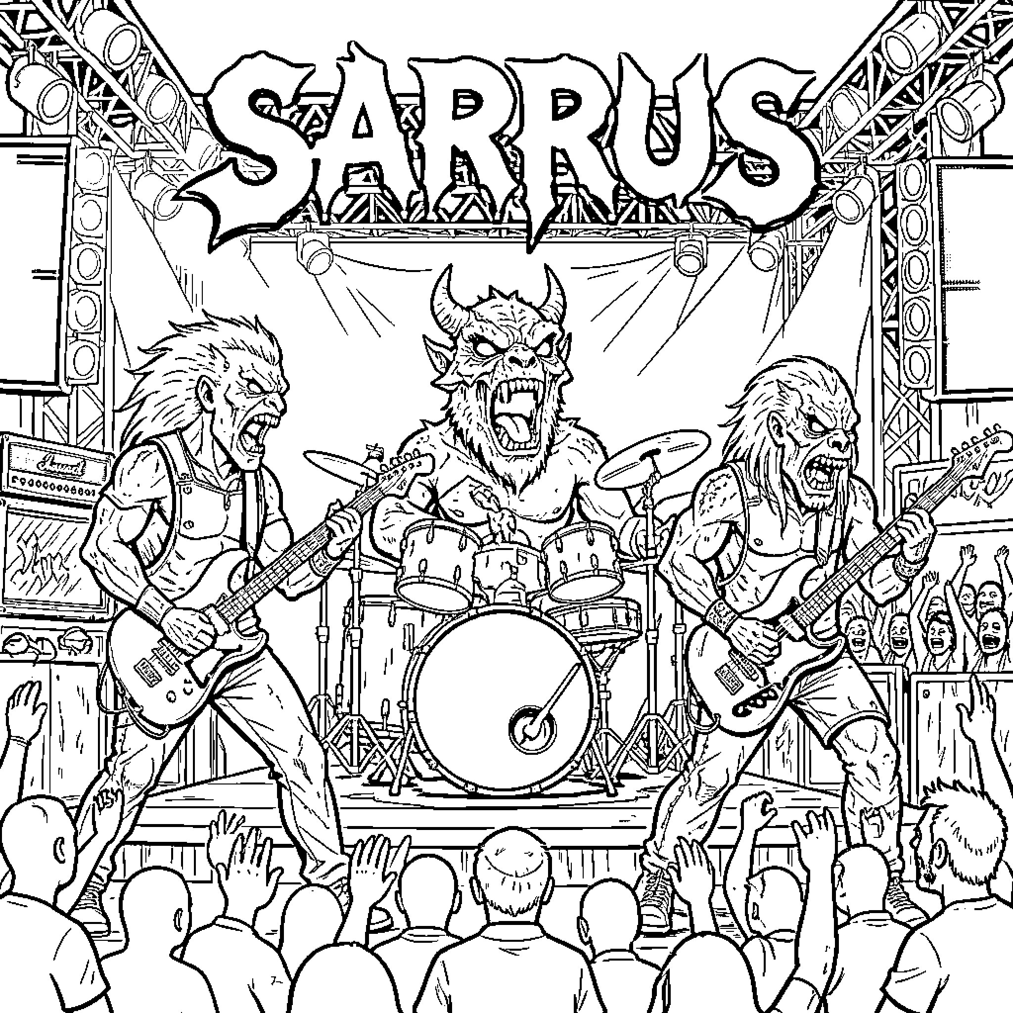 Saurus Band Performing for Enthusiastic Crowd Coloring Page (free black-and-white line drawing printable PDF for all, from beginners to advanced learners, including children, teens, adults, and seniors)