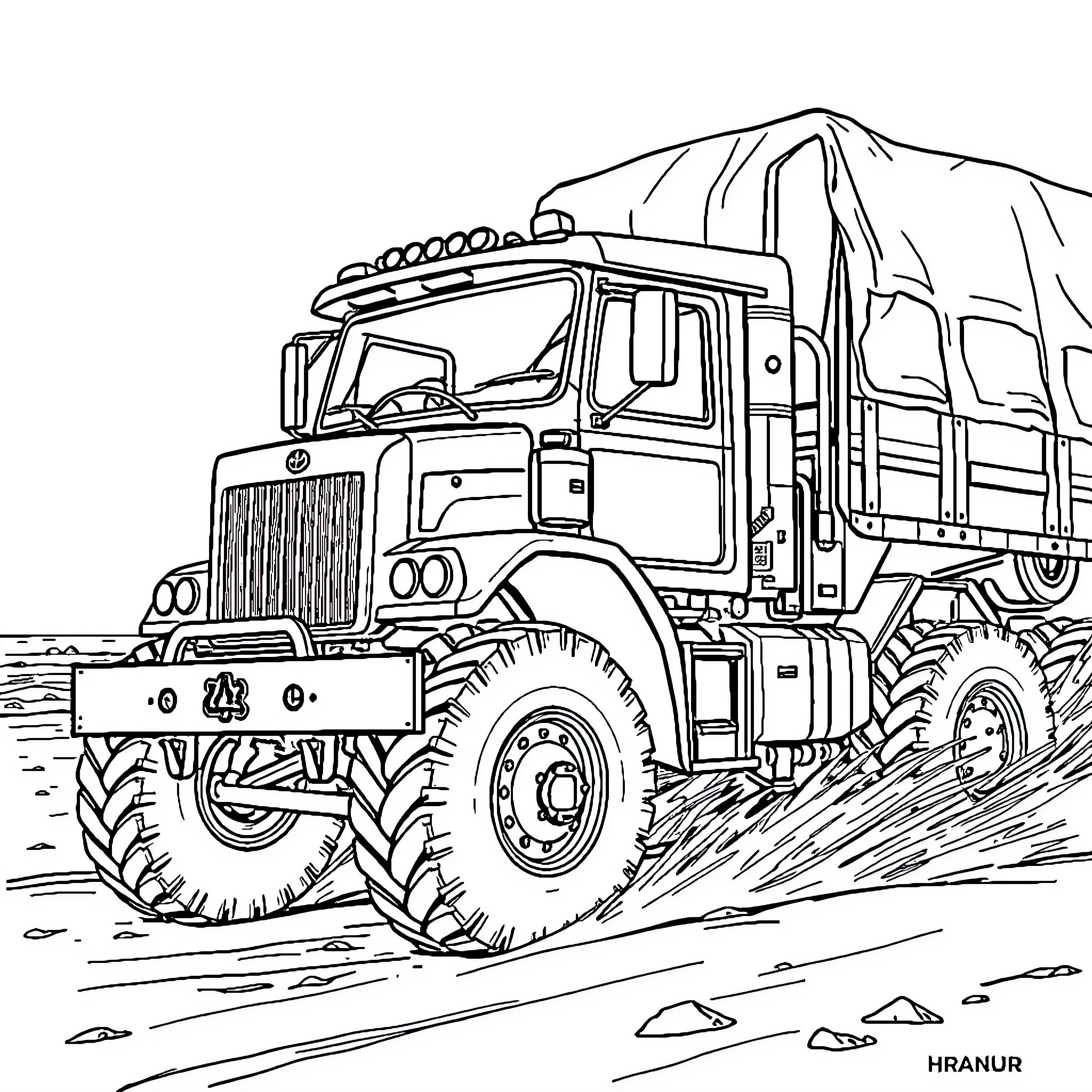 Camion traversant un paysage accidenté Coloring Page (free black-and-white line drawing printable PDF for all, from beginners to advanced learners, including children, teens, adults, and seniors)