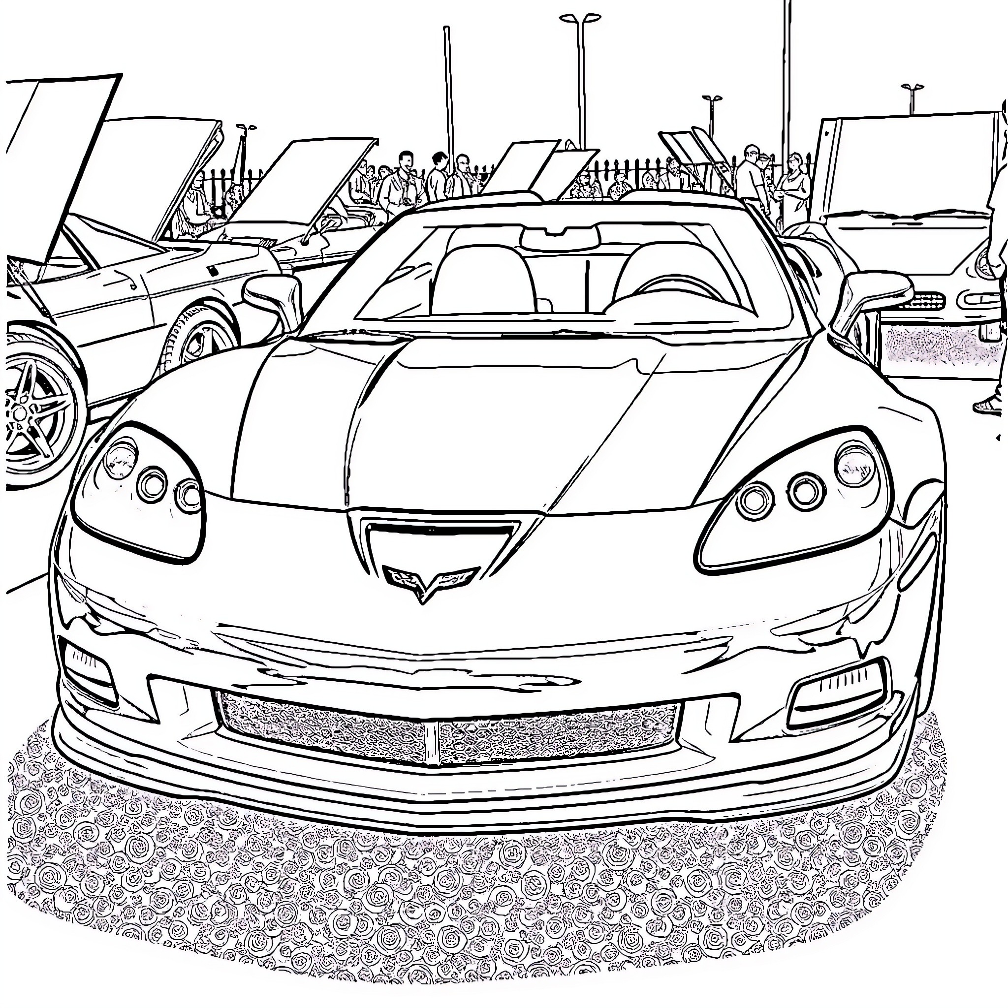 Corvette sports car in auto show setting Coloring Page (free black-and-white line drawing printable PDF for all, from beginners to advanced learners, including children, teens, adults, and seniors)