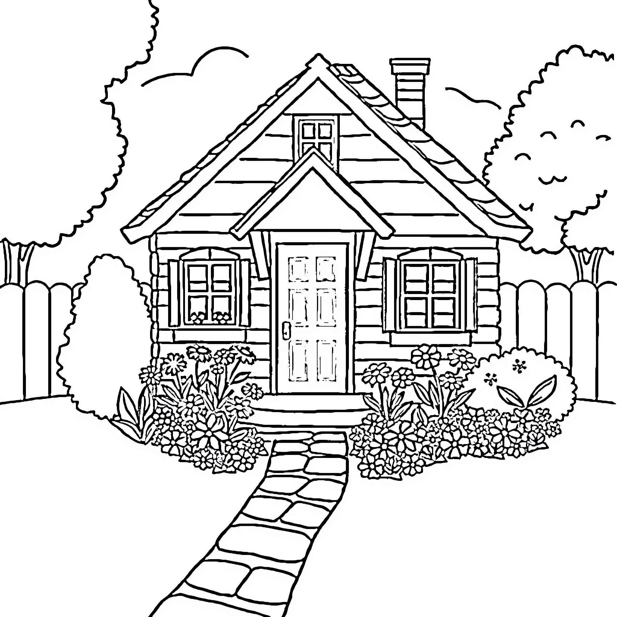 House with Charming Cottage Appearance and Floral Garden Coloring Page (free black-and-white line drawing printable PDF for all, from beginners to advanced learners, including children, teens, adults, and seniors)