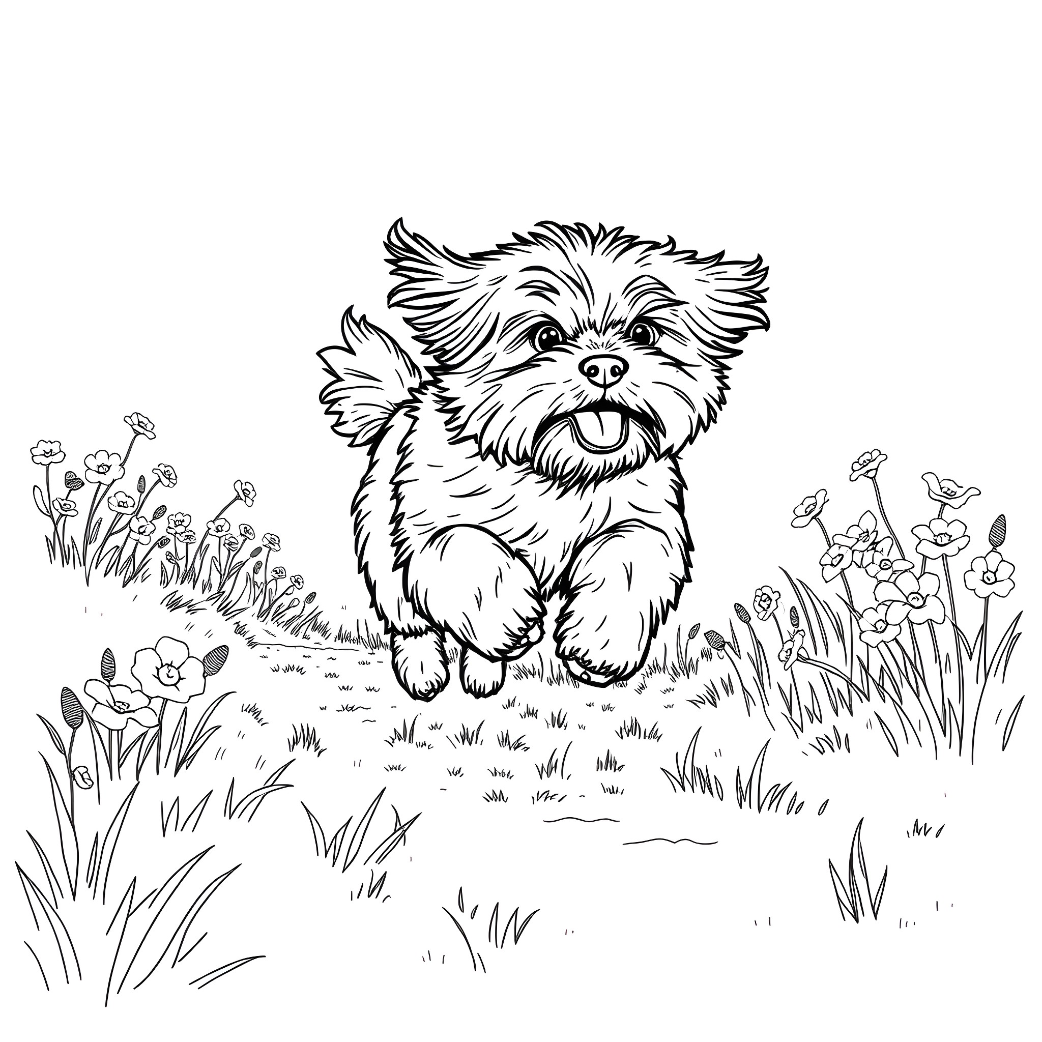 Shitsu happy puppy in the meadow Coloring Page (free black-and-white line drawing printable PDF for all, from beginners to advanced learners, including children, teens, adults, and seniors)