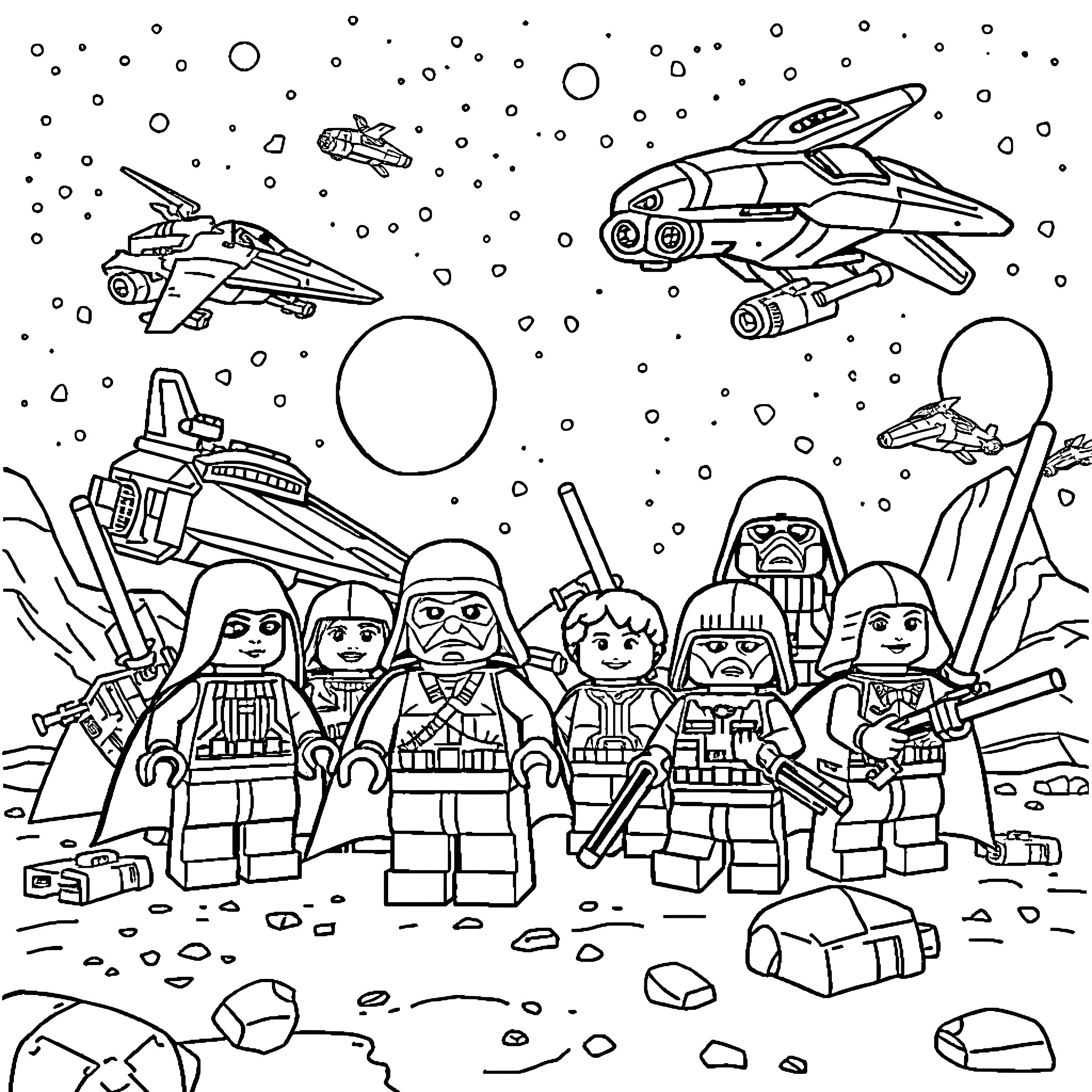 Lego Sci-Fi Space Exploration Adventure Coloring Page (free black-and-white line drawing printable PDF for all, from beginners to advanced learners, including children, teens, adults, and seniors)