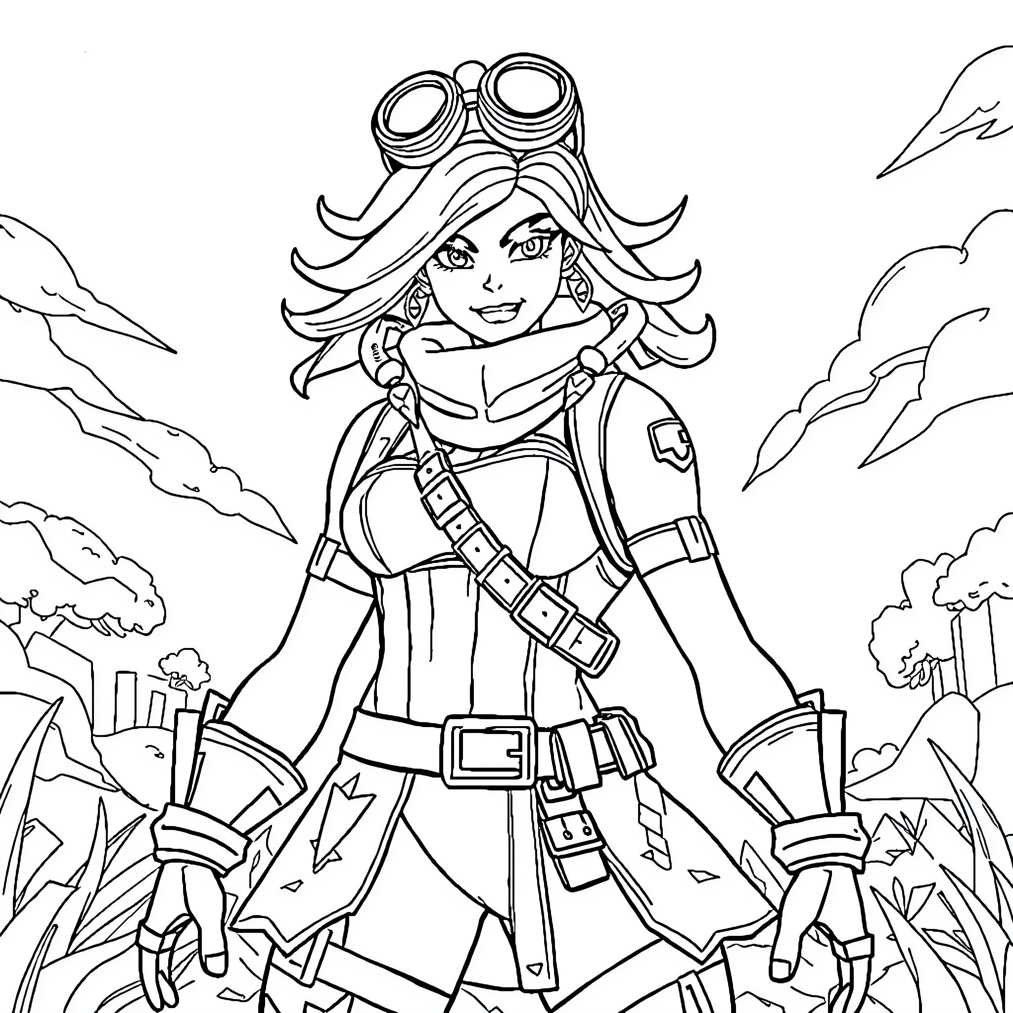 Phaedra's Adventurous Steampunk Exploration Coloring Page (free black-and-white line drawing printable PDF for all, from beginners to advanced learners, including children, teens, adults, and seniors)