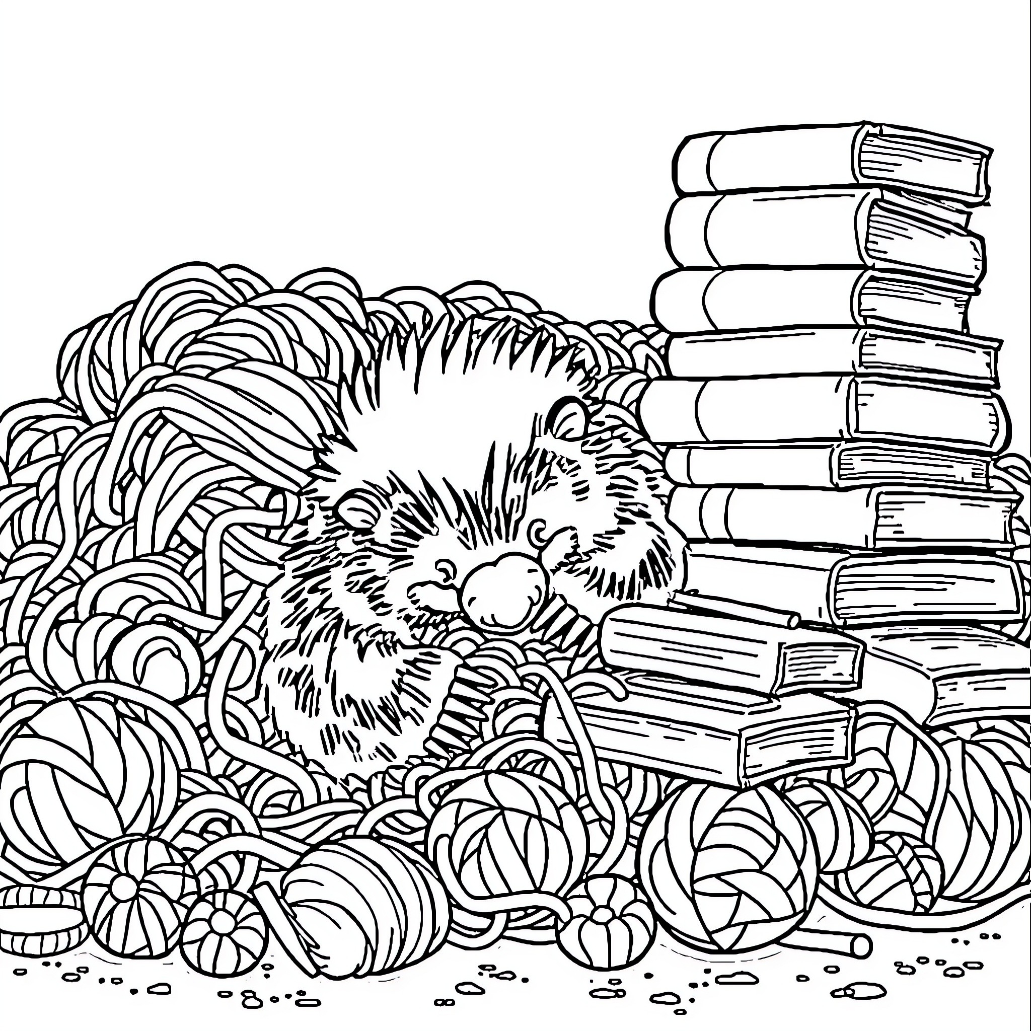 Niffler lounging amidst books and treasures Coloring Page (free black-and-white line drawing printable PDF for all, from beginners to advanced learners, including children, teens, adults, and seniors)