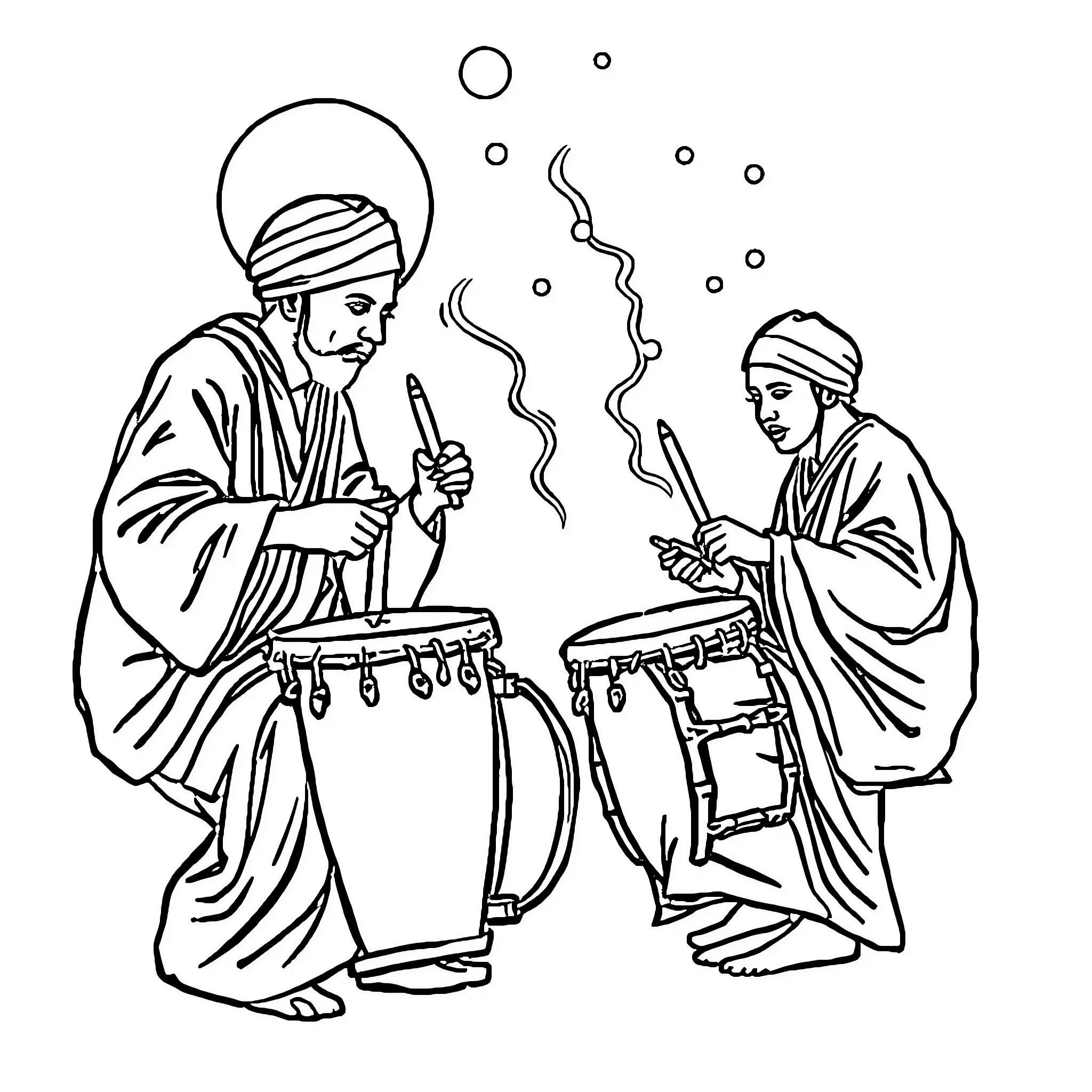 Sahur with traditional music and instruments Coloring Page (free black-and-white line drawing printable PDF for all, from beginners to advanced learners, including children, teens, adults, and seniors)