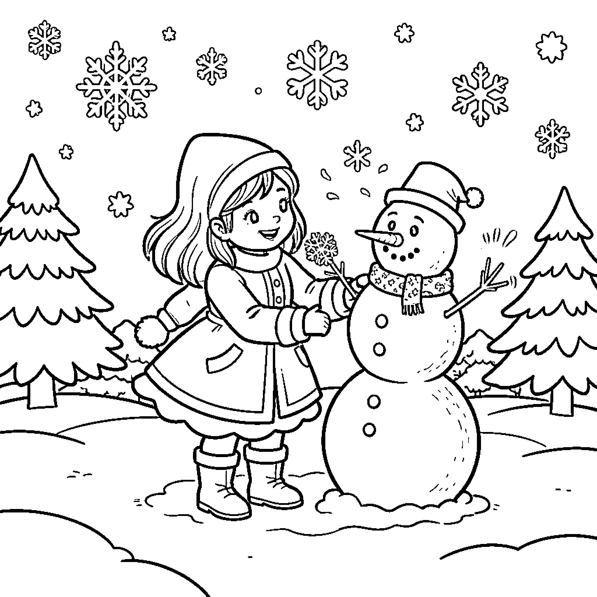 Dora Building a Snowman in the Winter Wonderland Coloring Page (free black-and-white line drawing printable PDF for all, from beginners to advanced learners, including children, teens, adults, and seniors)