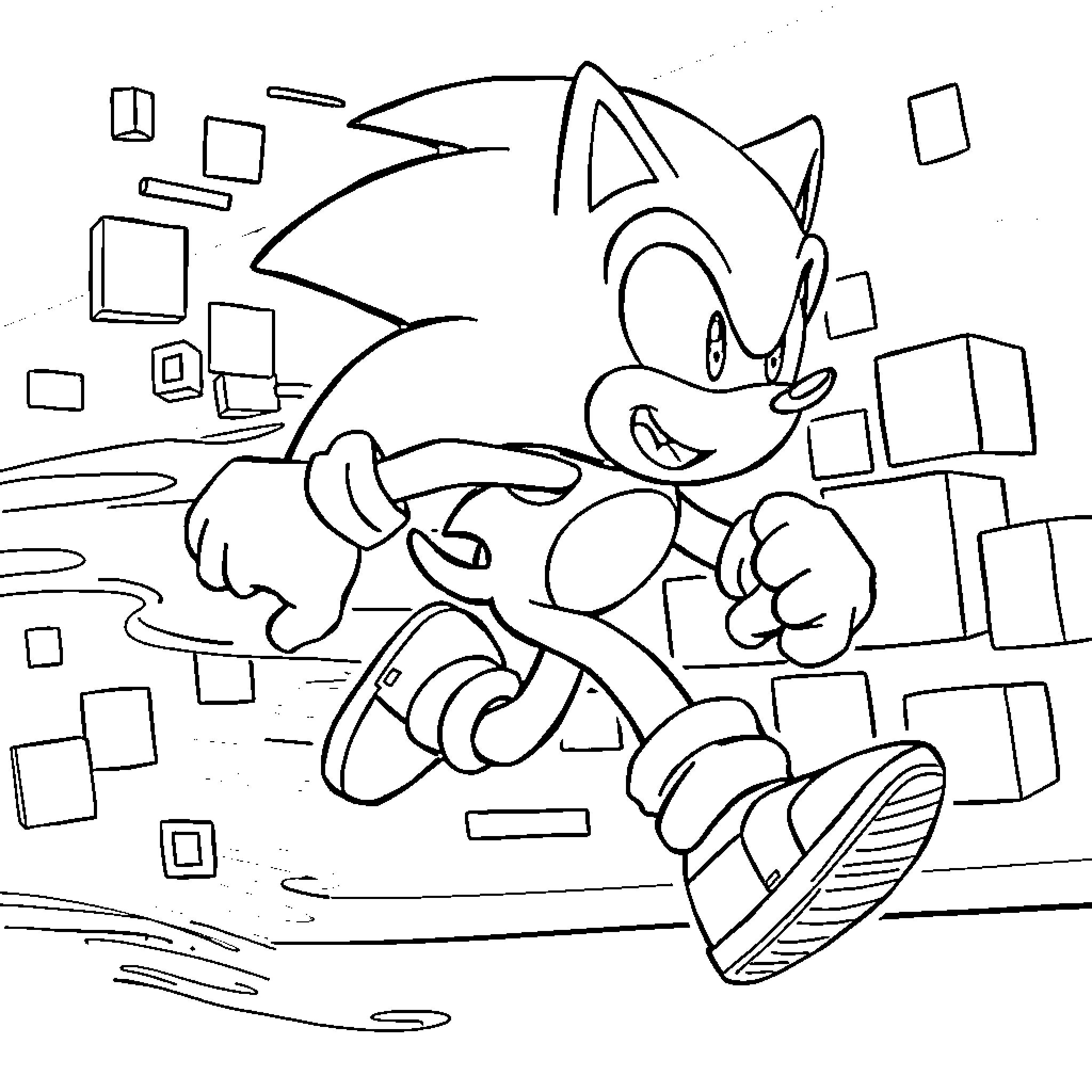 Sonic running through a city landscape Coloring Page (free black-and-white line drawing printable PDF for all, from beginners to advanced learners, including children, teens, adults, and seniors)