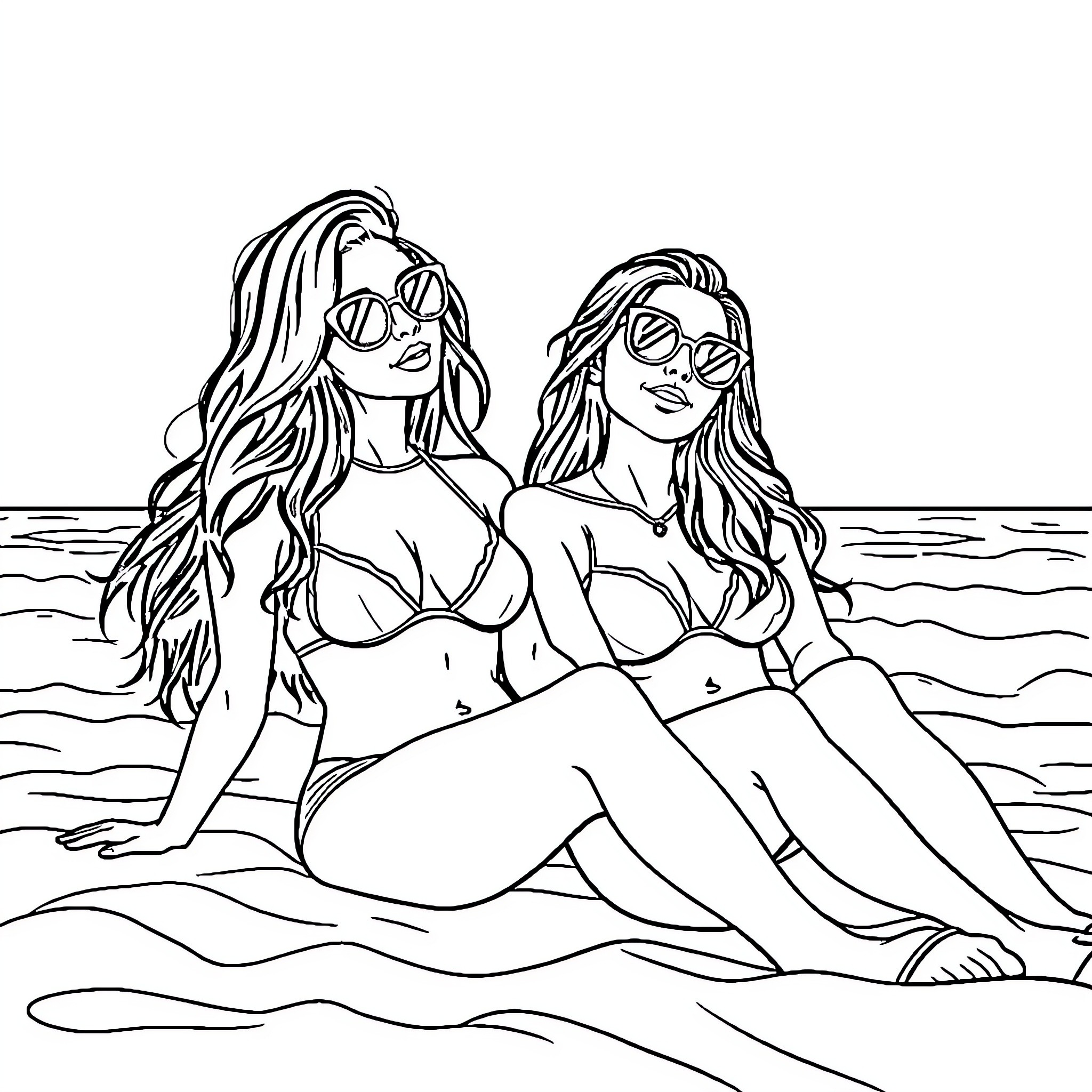 Valentina and friend relax on the beach Coloring Page (free black-and-white line drawing printable PDF for all, from beginners to advanced learners, including children, teens, adults, and seniors)