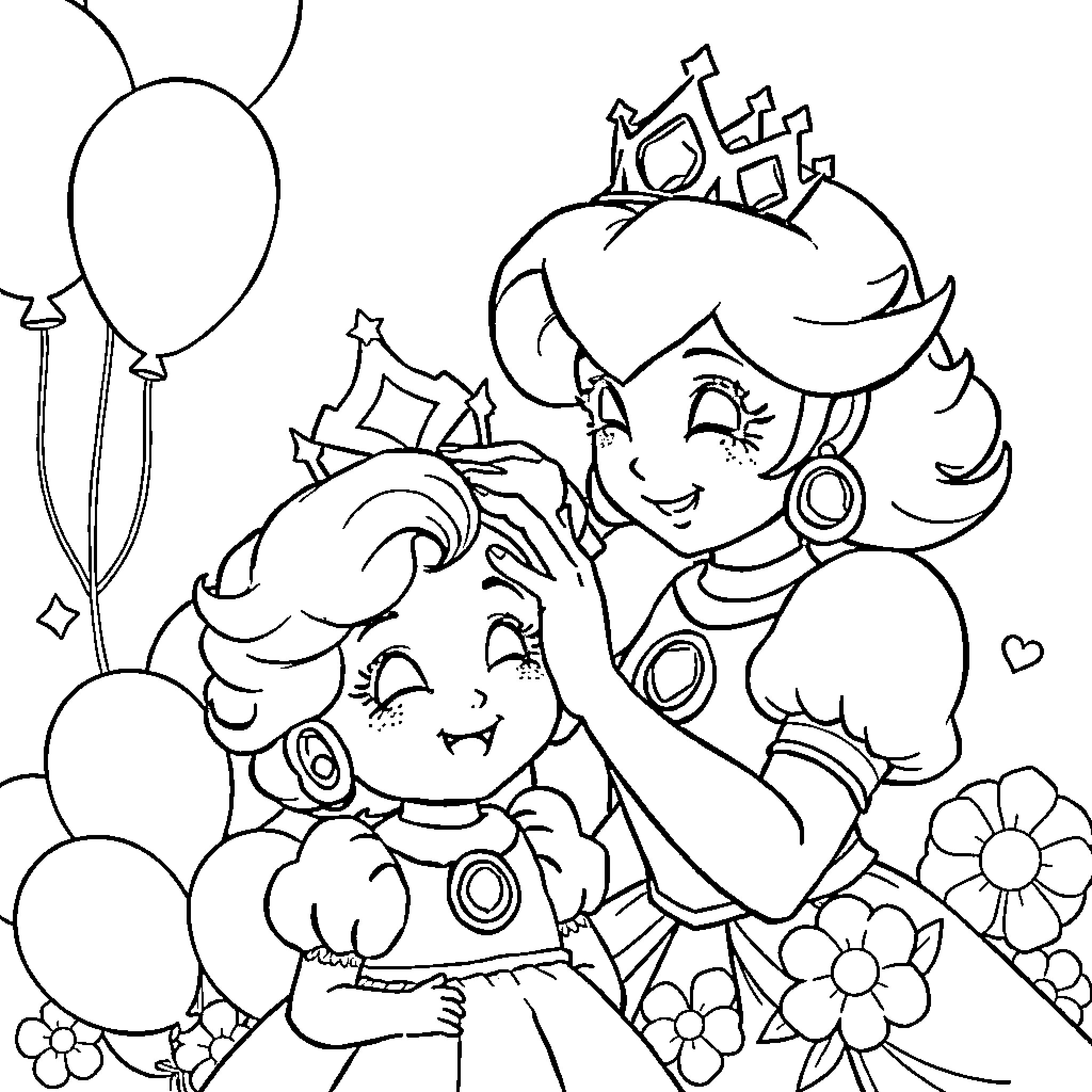Princess Hugs and Balloons with Flower Coloring Page (free black-and-white line drawing printable PDF for all, from beginners to advanced learners, including children, teens, adults, and seniors)