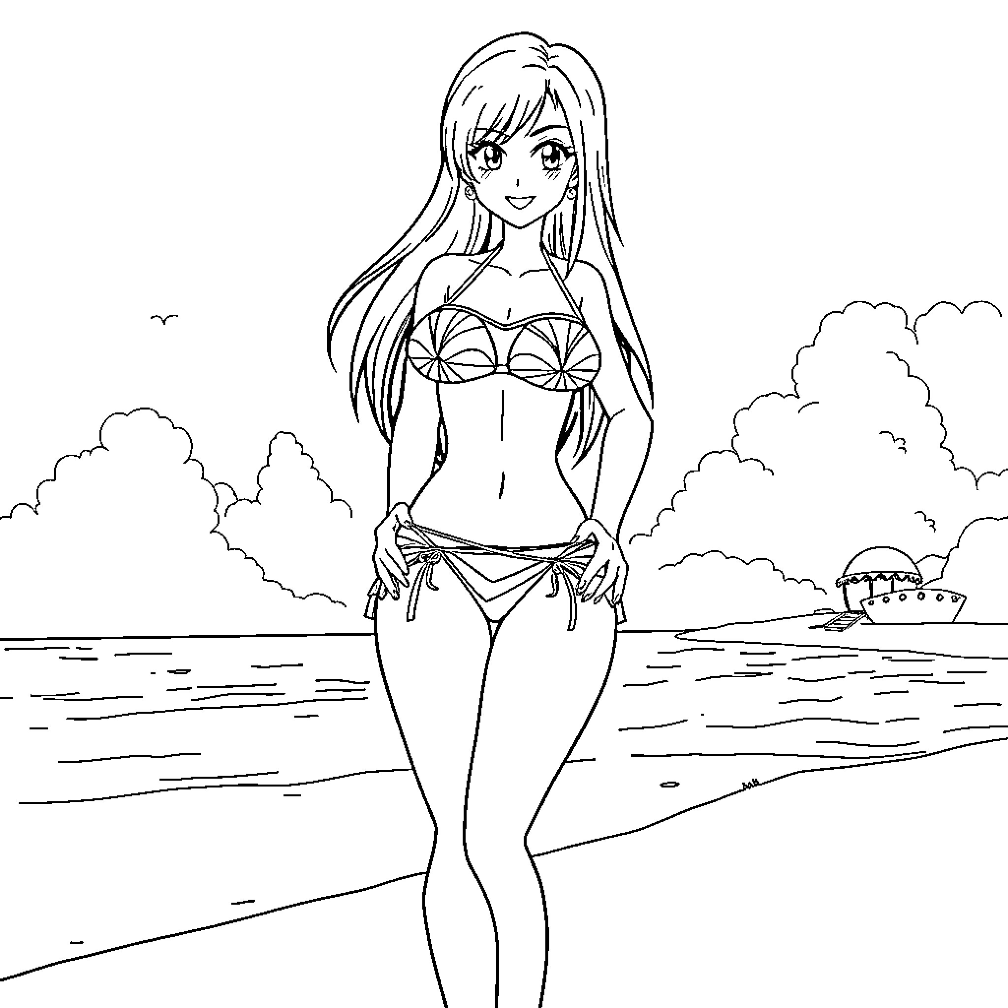 Tifa Lockheart relaxing on the beach Coloring Page (free black-and-white line drawing printable PDF for all, from beginners to advanced learners, including children, teens, adults, and seniors)