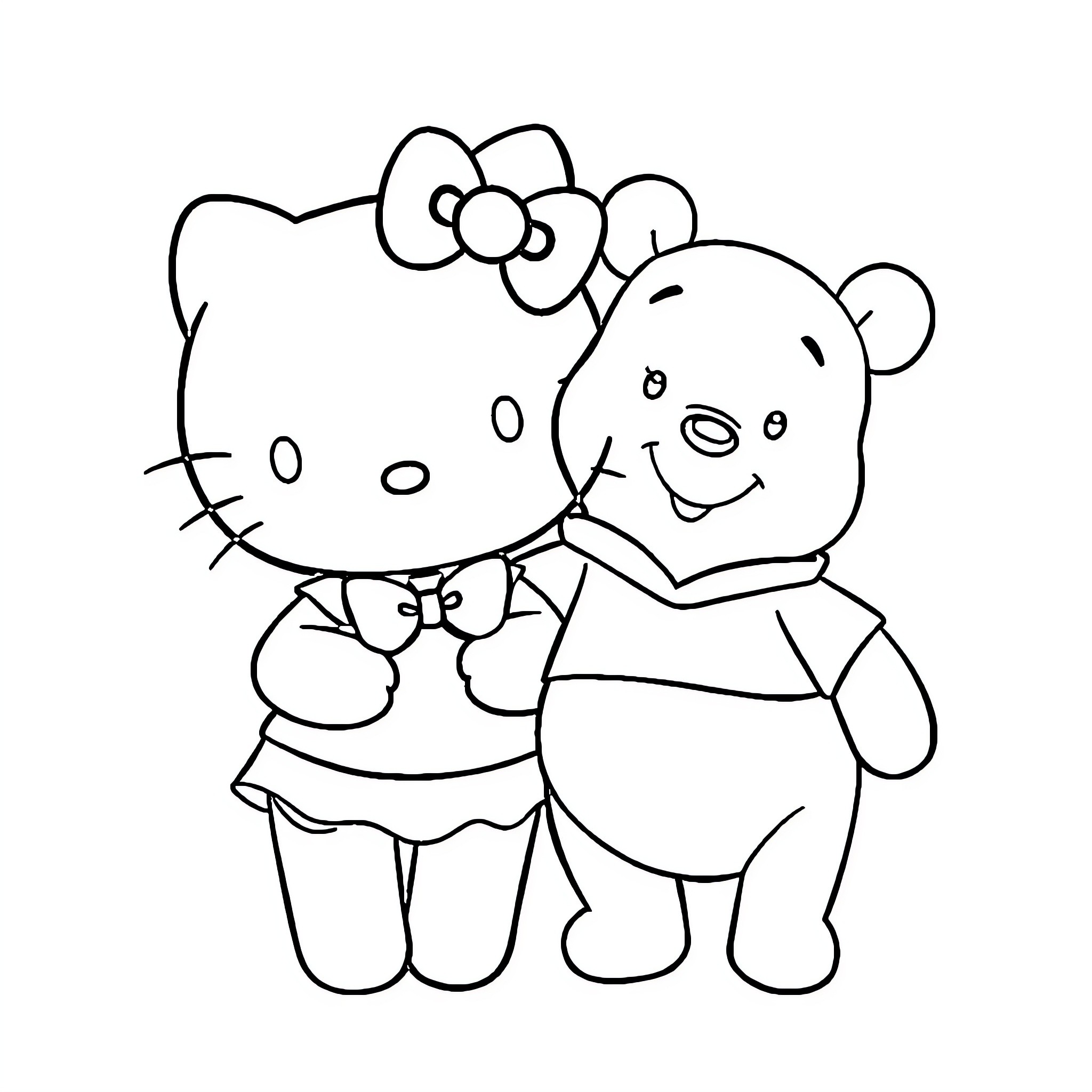 Hello Kitty hugging a teddy bear Coloring Page (free black-and-white line drawing printable PDF for all, from beginners to advanced learners, including children, teens, adults, and seniors)