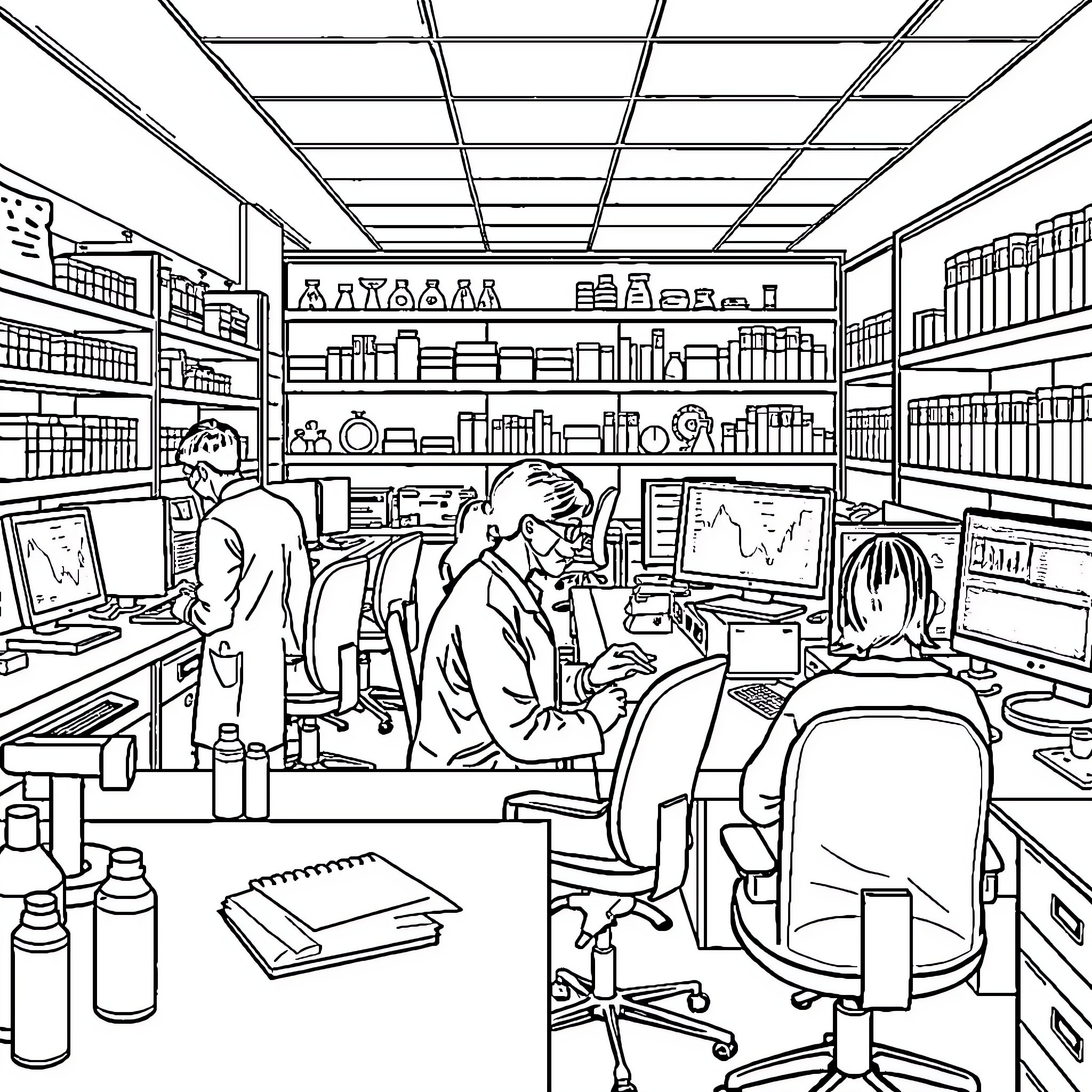 Virology Lab - Scientists Analyzing Data and Conducting Research Coloring Page (free black-and-white line drawing printable PDF for all, from beginners to advanced learners, including children, teens, adults, and seniors)