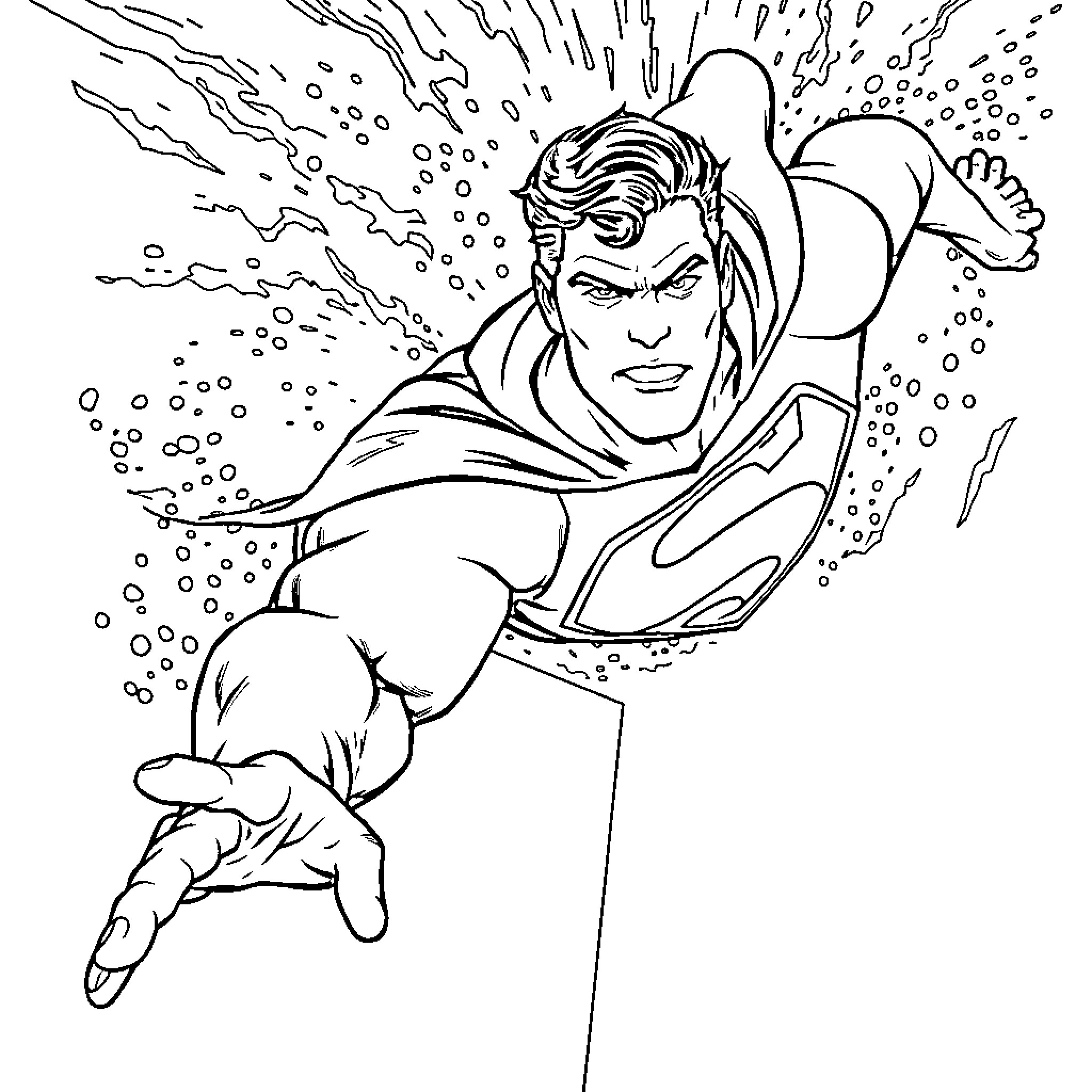 Superman flying powerfully through the air Coloring Page (free black-and-white line drawing printable PDF for all, from beginners to advanced learners, including children, teens, adults, and seniors)