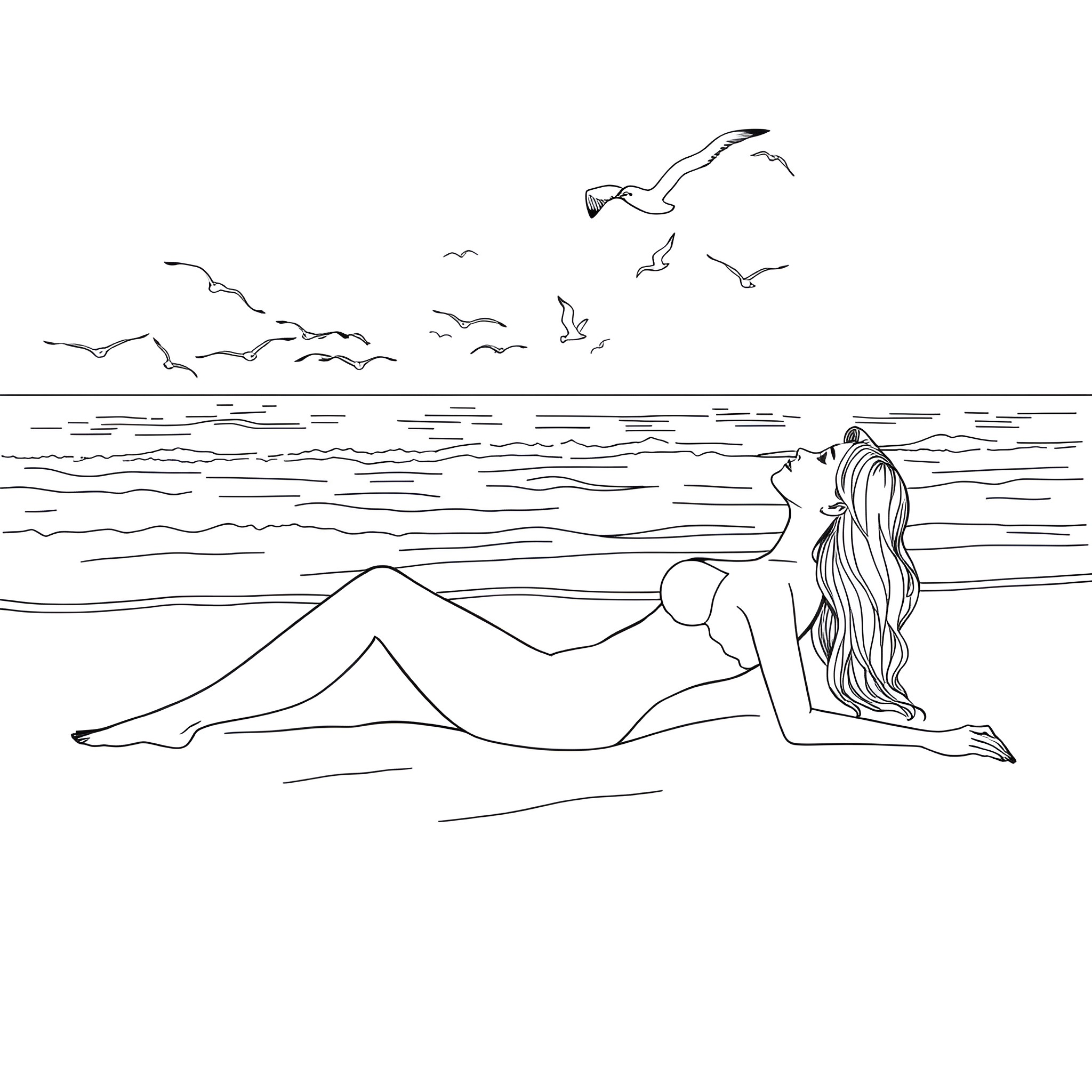 Woman relaxing on the beach with seagulls Coloring Page (free black-and-white line drawing printable PDF for all, from beginners to advanced learners, including children, teens, adults, and seniors)