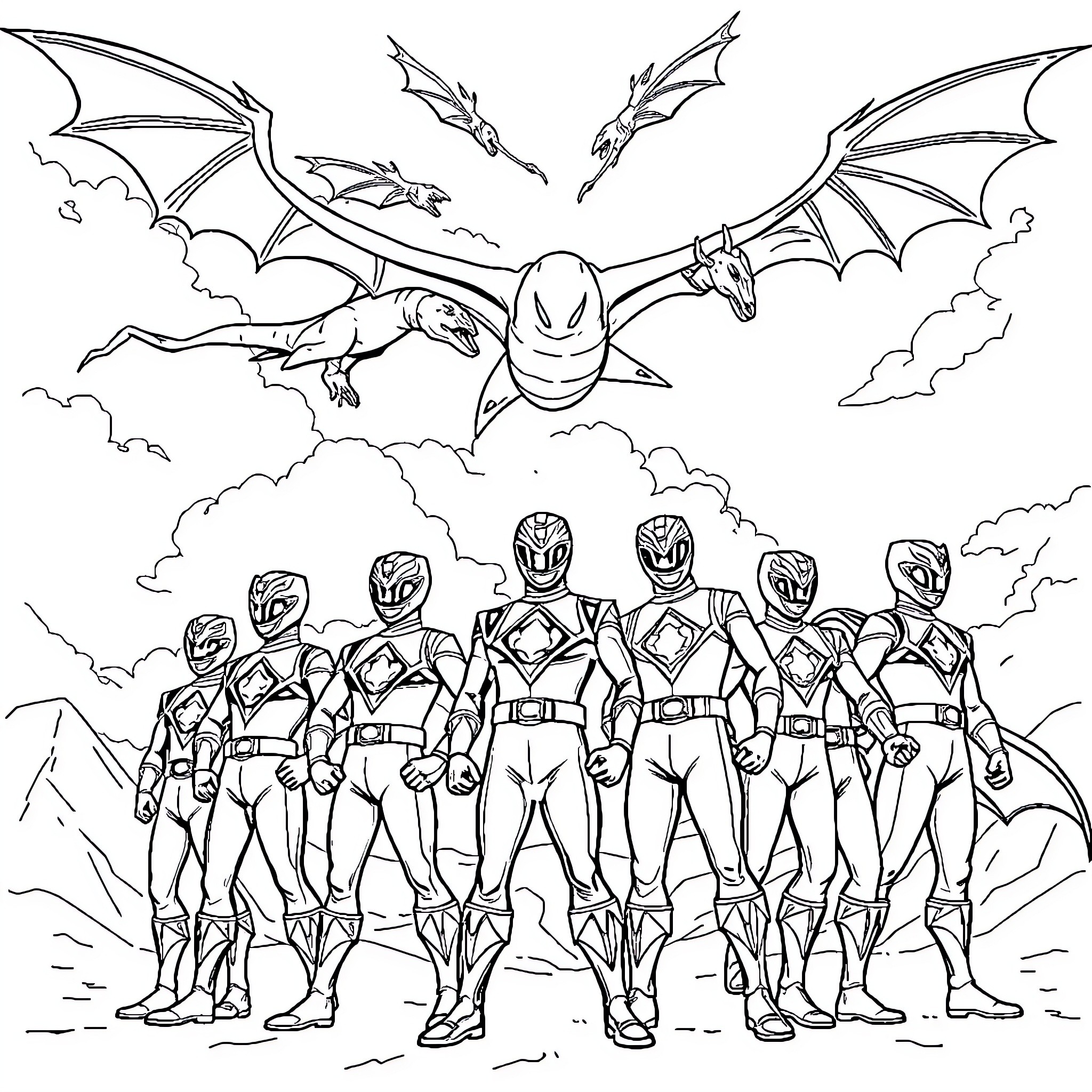 Power Rangers Confront Fearsome Dragon in the Sky Coloring Page (free black-and-white line drawing printable PDF for all, from beginners to advanced learners, including children, teens, adults, and seniors)