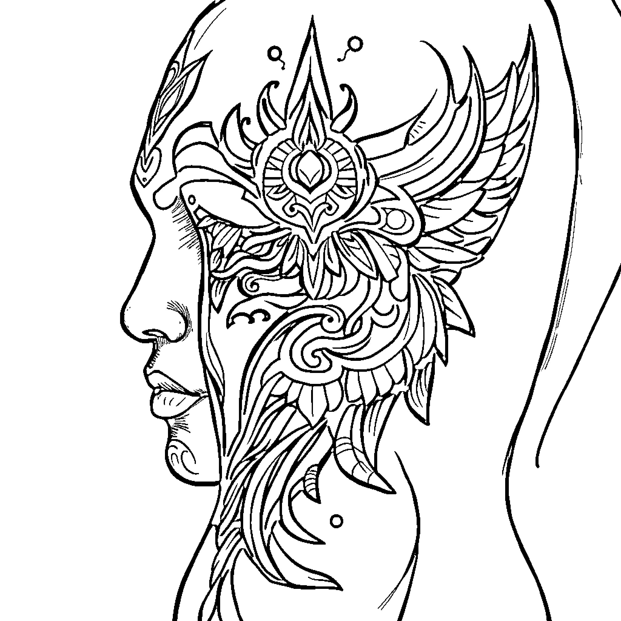 Samoan Tattoo Depicting Intricate Winged Motifs Coloring Page (free black-and-white line drawing printable PDF for all, from beginners to advanced learners, including children, teens, adults, and seniors)