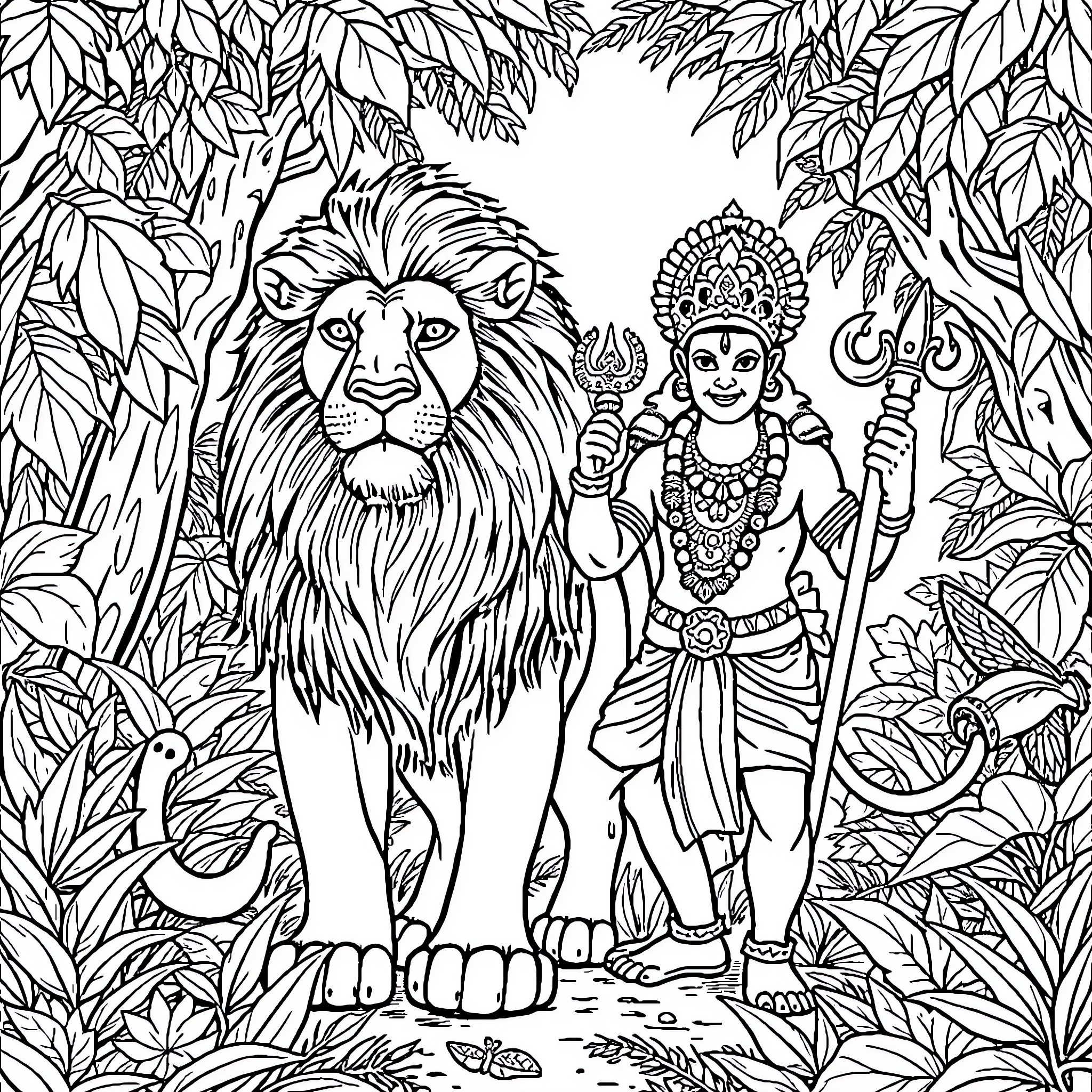Lion guarding a Hindu deity in a lush jungle Coloring Page (free black-and-white line drawing printable PDF for all, from beginners to advanced learners, including children, teens, adults, and seniors)