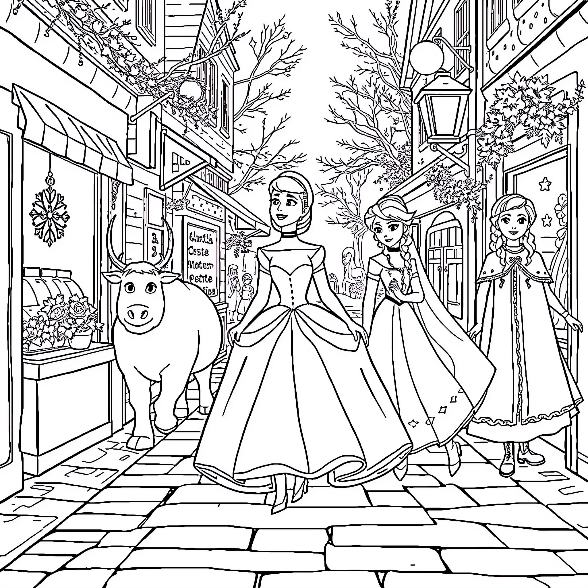 Cinderella's magical journey through the enchanted town Coloring Page (free black-and-white line drawing printable PDF for all, from beginners to advanced learners, including children, teens, adults, and seniors)