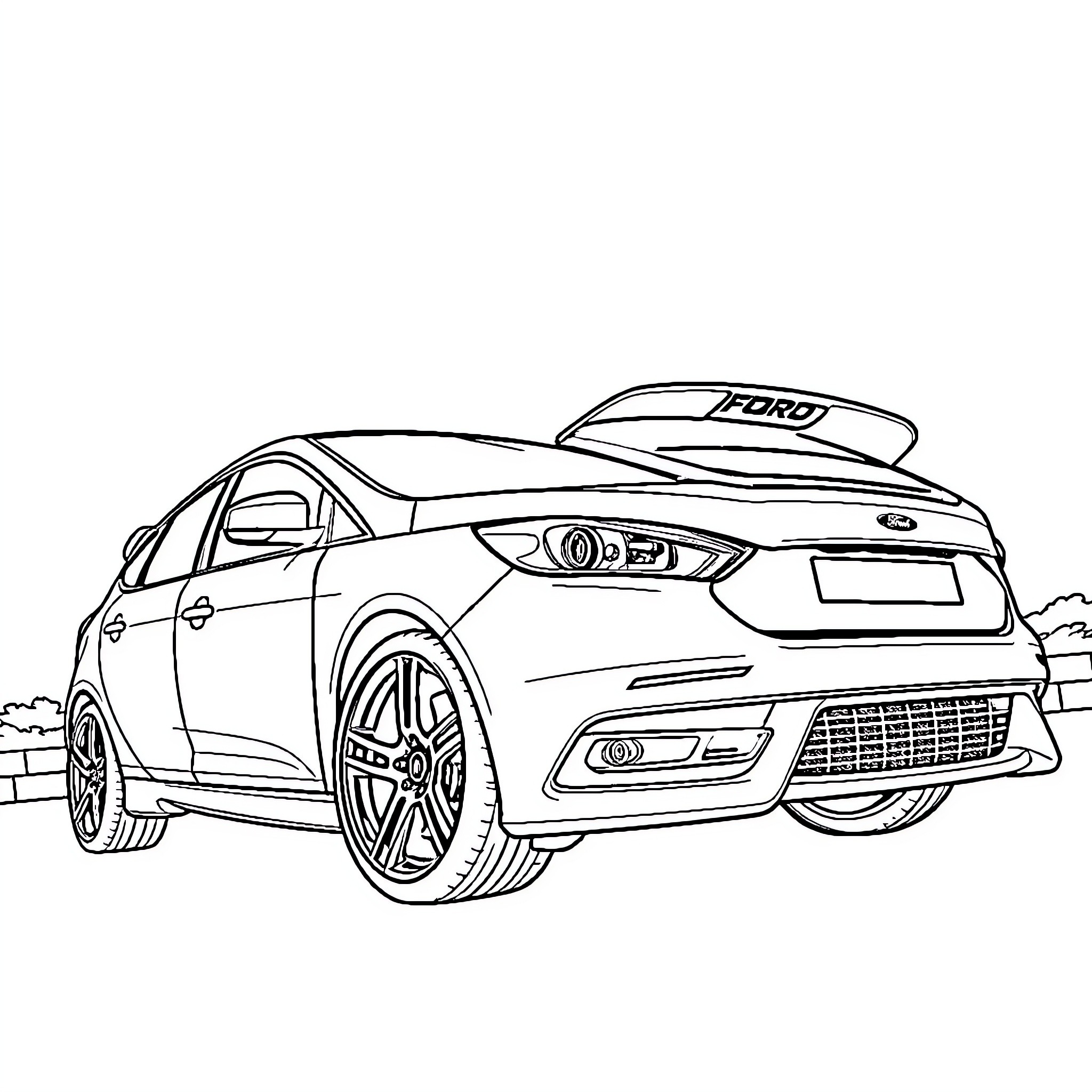 Ford Focus speeding down the road Coloring Page (free black-and-white line drawing printable PDF for all, from beginners to advanced learners, including children, teens, adults, and seniors)
