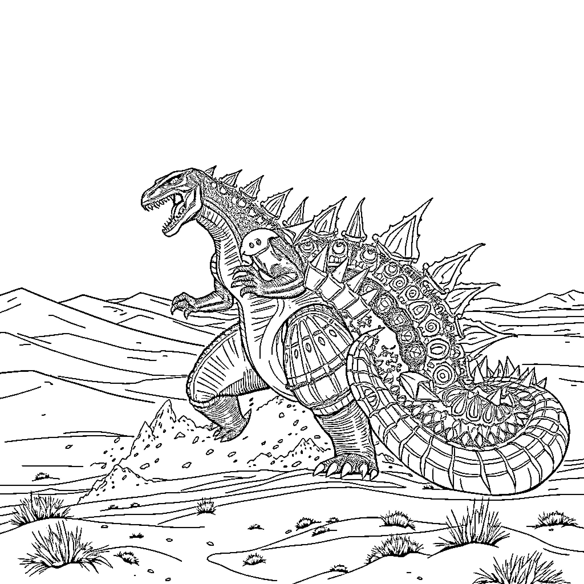 Godzilla's Elaborate Creature Stance in the Wilderness Coloring Page (free black-and-white line drawing printable PDF for all, from beginners to advanced learners, including children, teens, adults, and seniors)