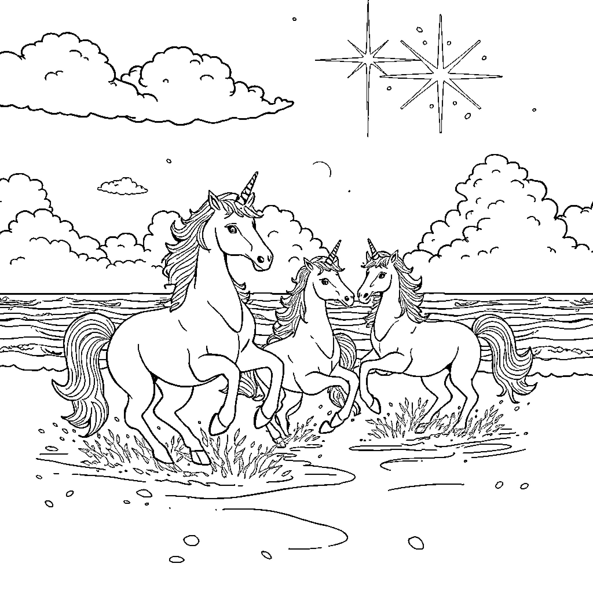 Unicorn family playing in the enchanted meadow Coloring Page (free black-and-white line drawing printable PDF for all, from beginners to advanced learners, including children, teens, adults, and seniors)