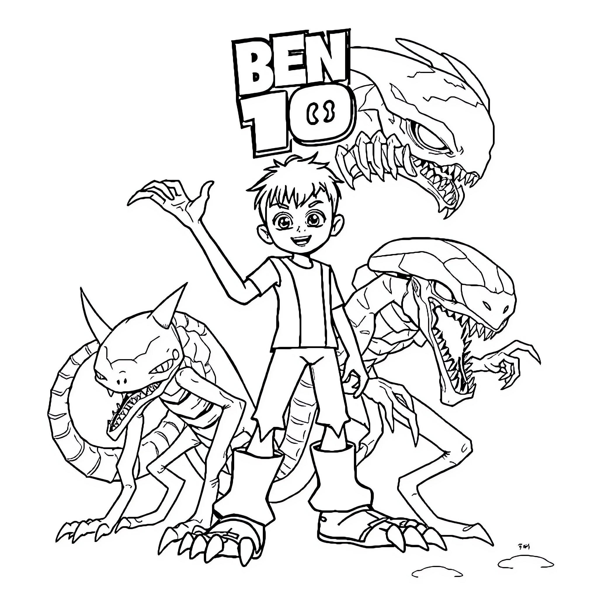 Ben 10 battling alien creatures Coloring Page (free black-and-white line drawing printable PDF for all, from beginners to advanced learners, including children, teens, adults, and seniors)