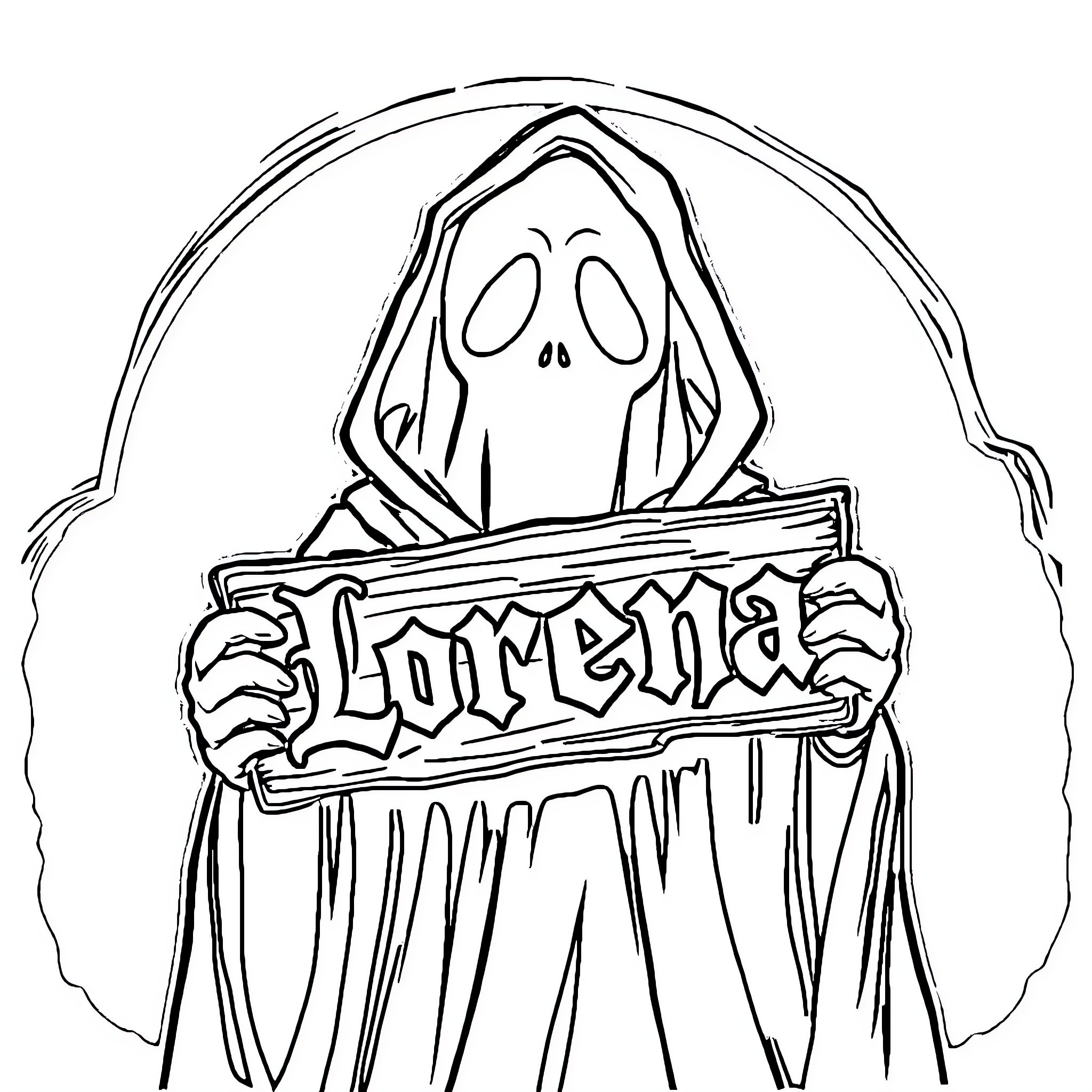 Ghostface Holds Ominous Sign in Eerie Silhouette Coloring Page (free black-and-white line drawing printable PDF for all, from beginners to advanced learners, including children, teens, adults, and seniors)