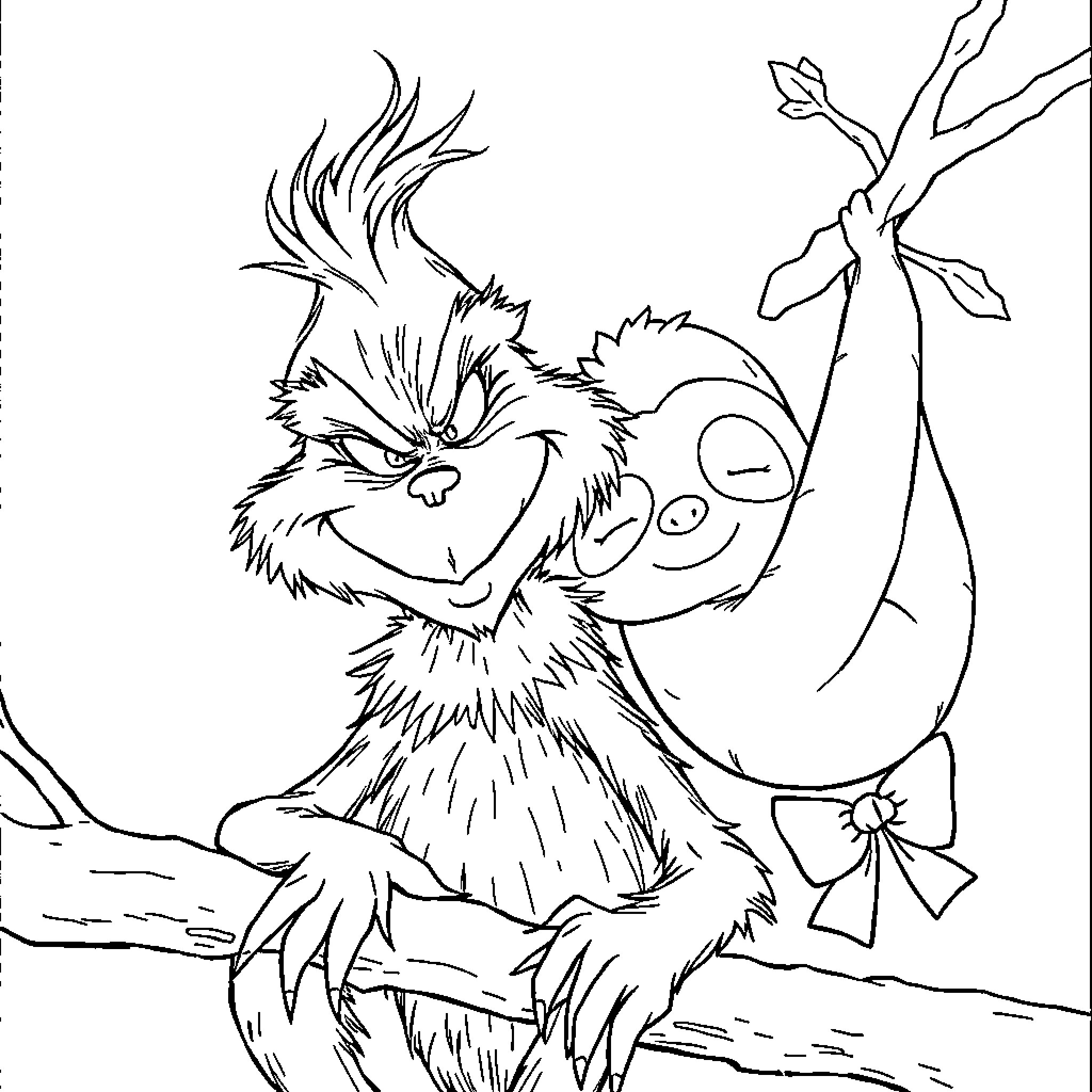 Grinch enjoying a festive decoration Coloring Page (free black-and-white line drawing printable PDF for all, from beginners to advanced learners, including children, teens, adults, and seniors)