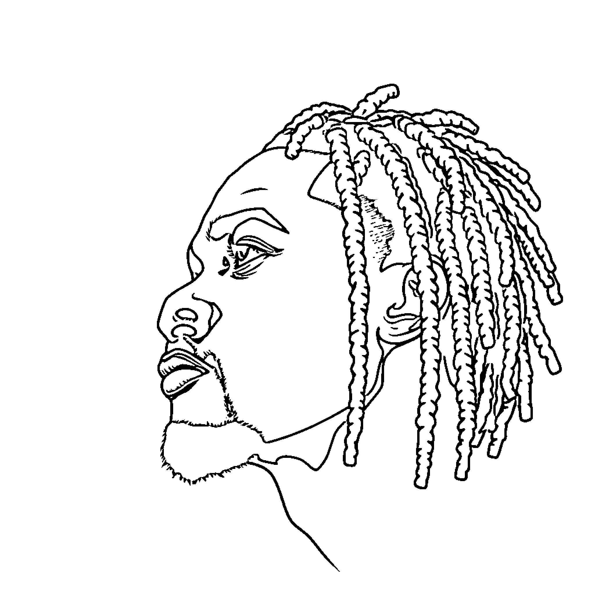 Man with Dreadlocks and Thoughtful Expression Coloring Page (free black-and-white line drawing printable PDF for all, from beginners to advanced learners, including children, teens, adults, and seniors)