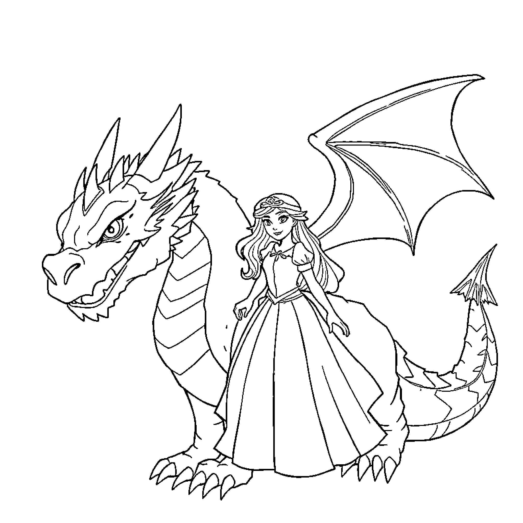 Princess and her Majestic Dragon Companion Coloring Page (free black-and-white line drawing printable PDF for all, from beginners to advanced learners, including children, teens, adults, and seniors)