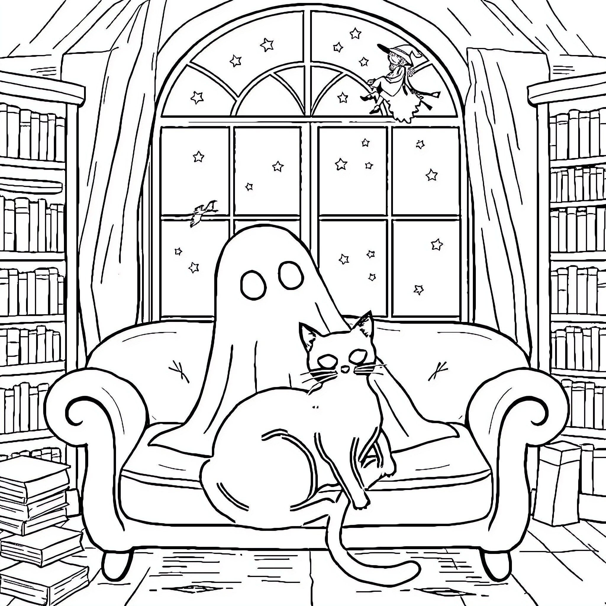Ghost cat and book-filled room with starry night Coloring Page (free black-and-white line drawing printable PDF for all, from beginners to advanced learners, including children, teens, adults, and seniors)